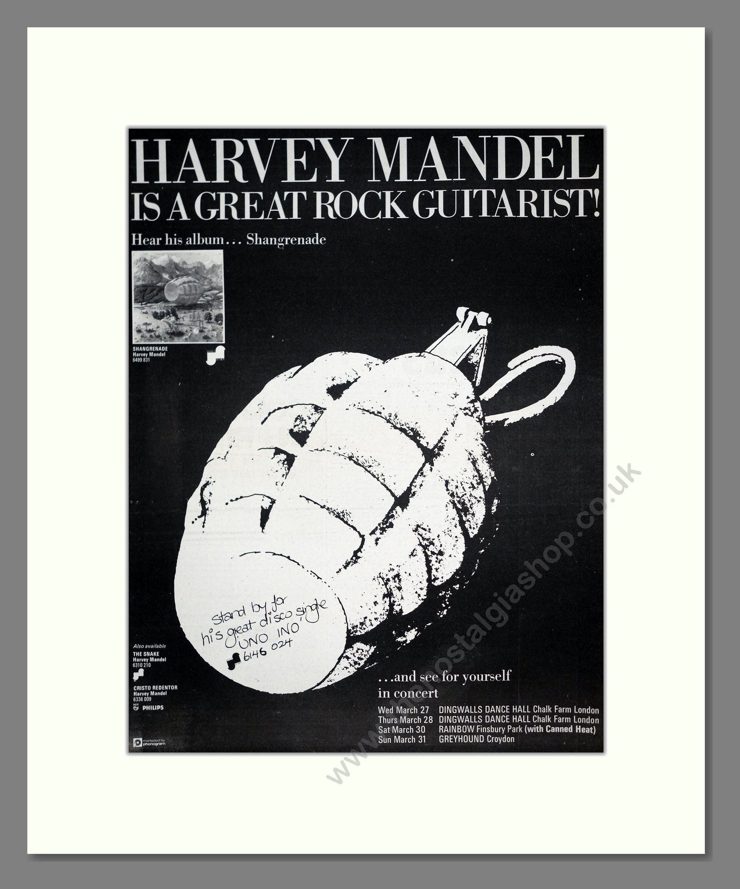 Harvey Mandel - Shangrenade. Vintage Advert 1974 (ref AD20240)