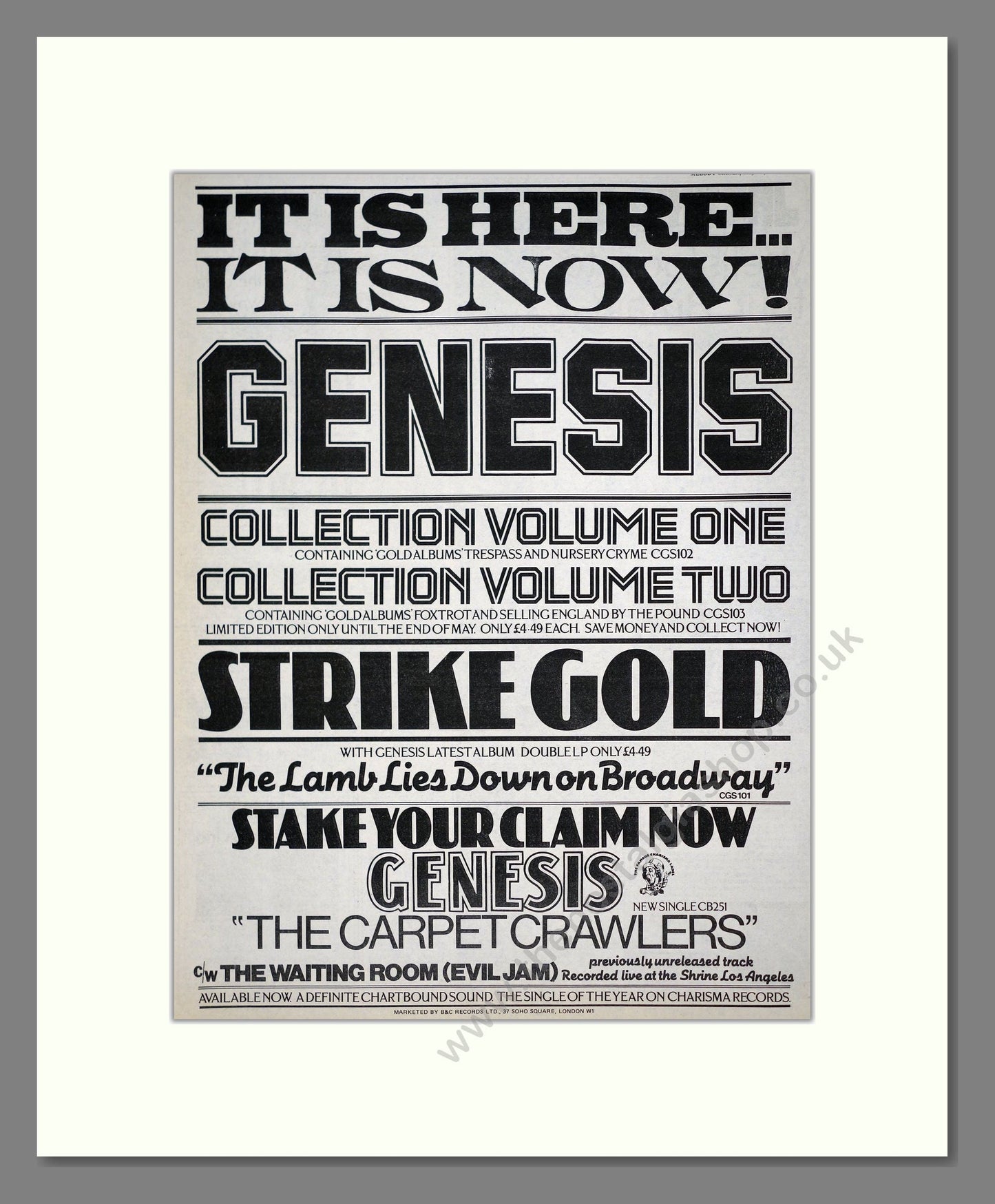Genesis - Collection Vol 1 and 2. Vintage Advert 1975 (ref AD20266)