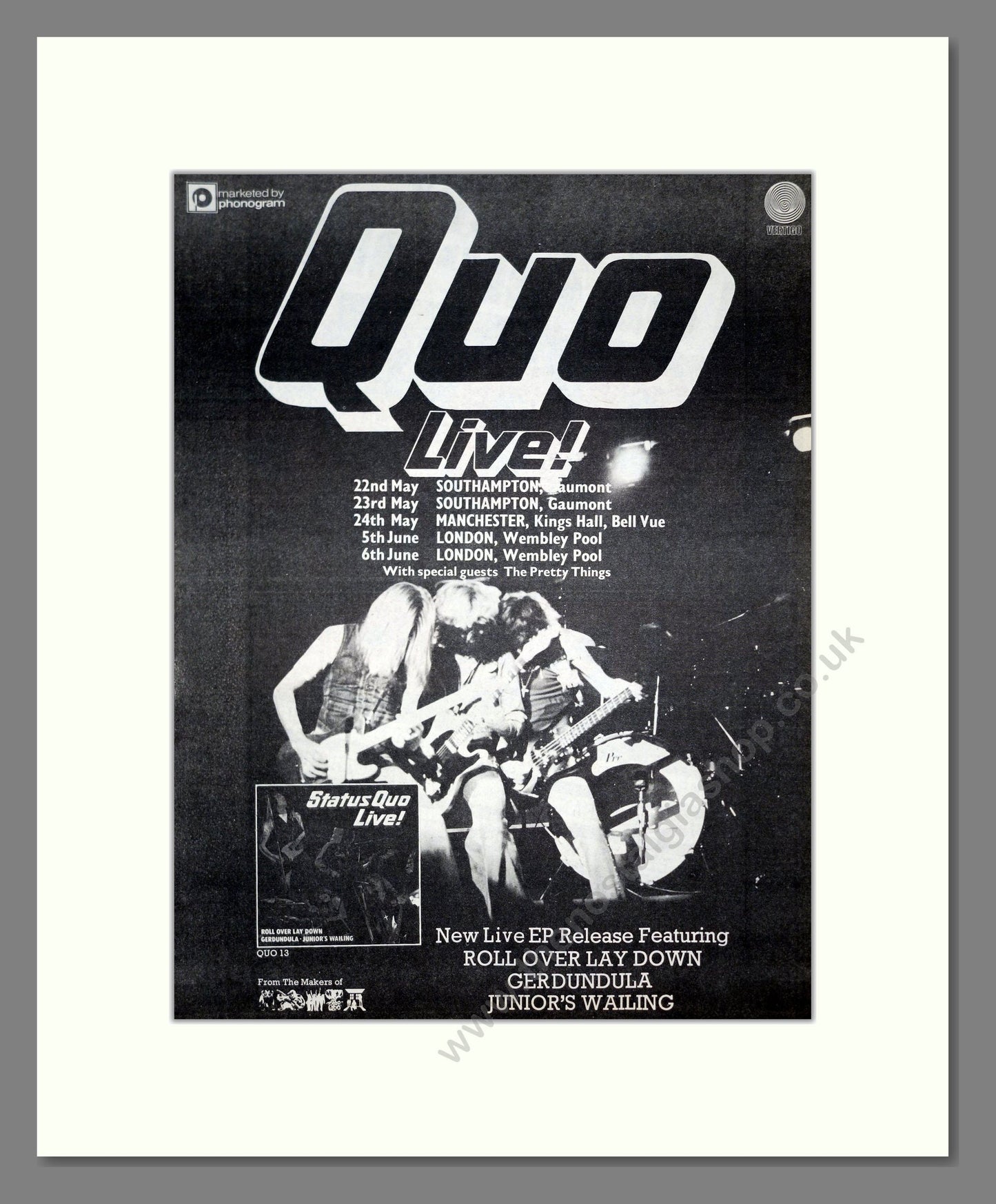 Status Quo - UK Tour. Vintage Advert 1975 (ref AD20267)