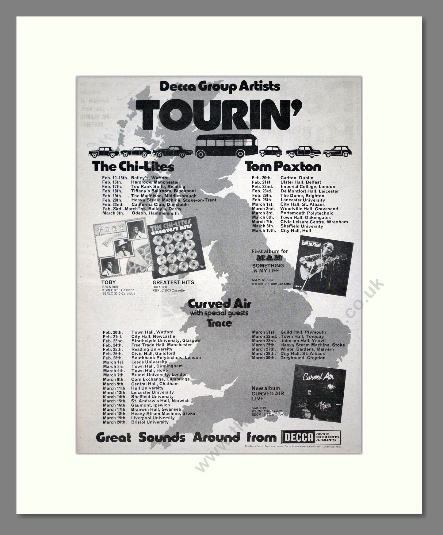Chi-Lites / Tom Paxton / Curved Air - UK Tours. Vintage Advert 1975 (ref AD20297)