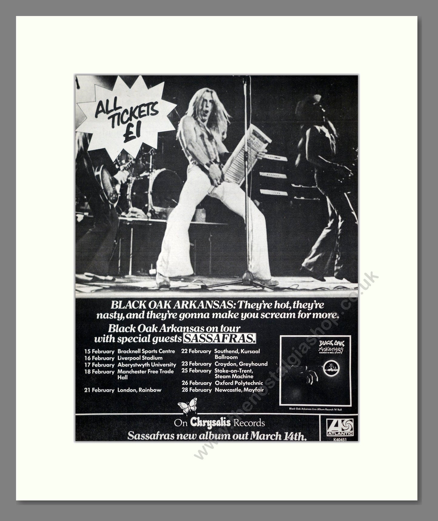 Black Oak Arkansas - UK Tour. Vintage Advert 1975 (ref AD20298)