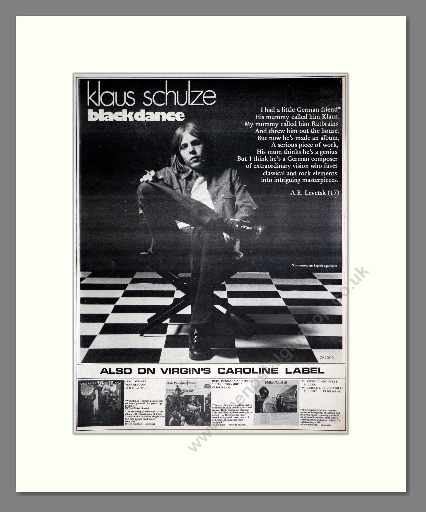 Klaus Schulze - Blackdance. Vintage Advert 1974 (ref AD20334)