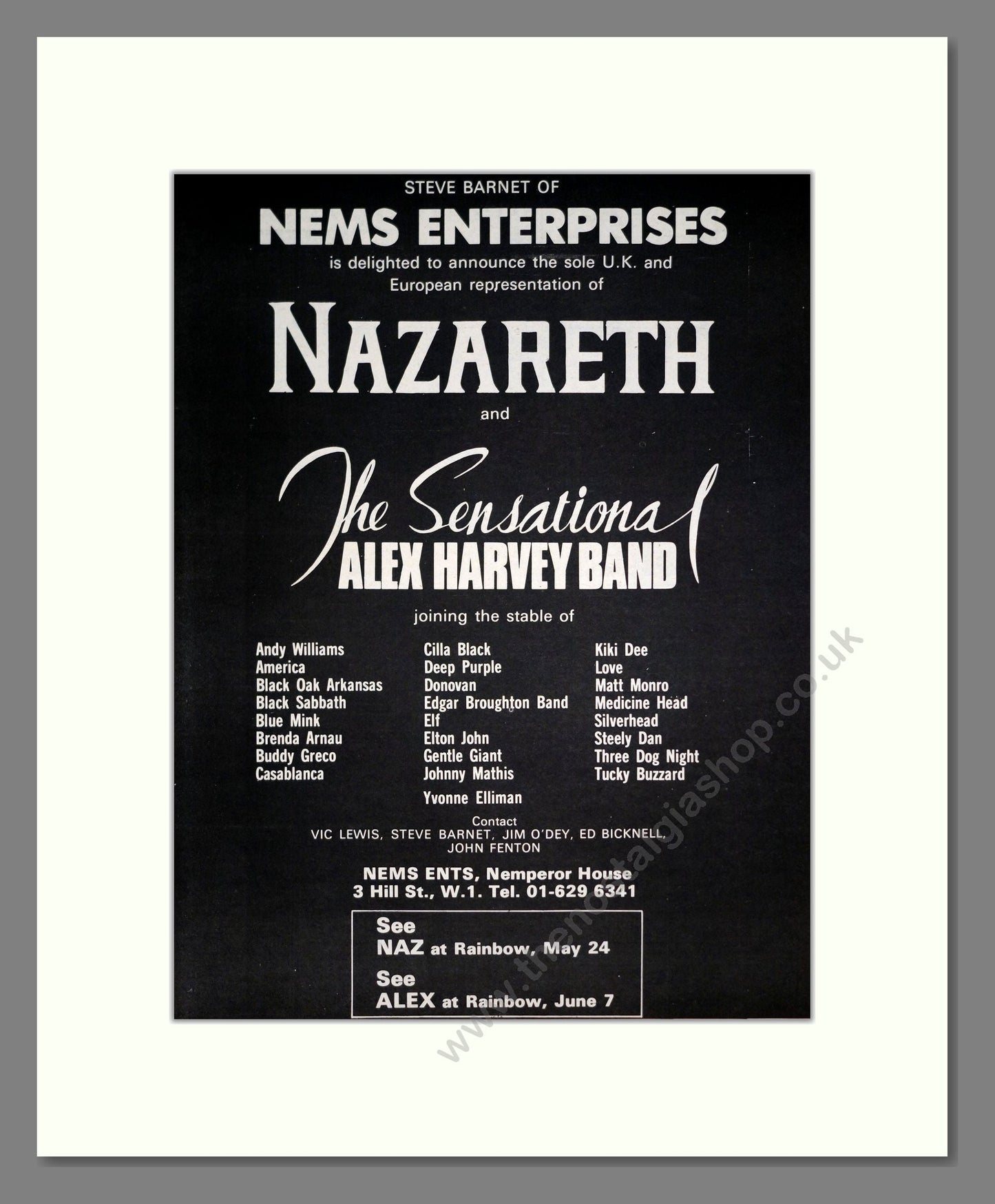 Nazareth / Alex Harvey - NEMS Enterprises Signing. Vintage Advert 1974 (ref AD20340)