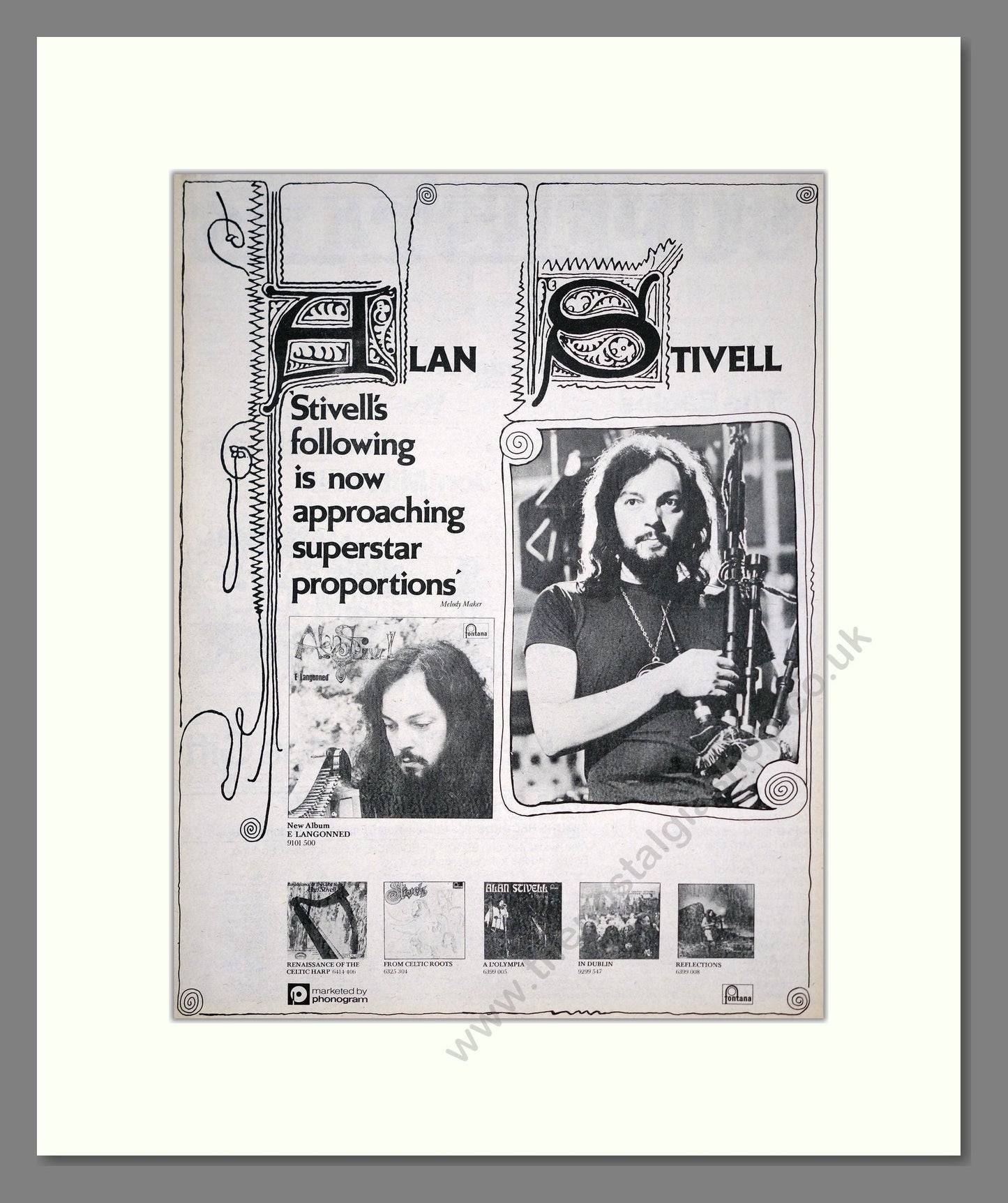 Alan Stivell - Various Albums. Vintage Advert 1975 (ref AD20394)