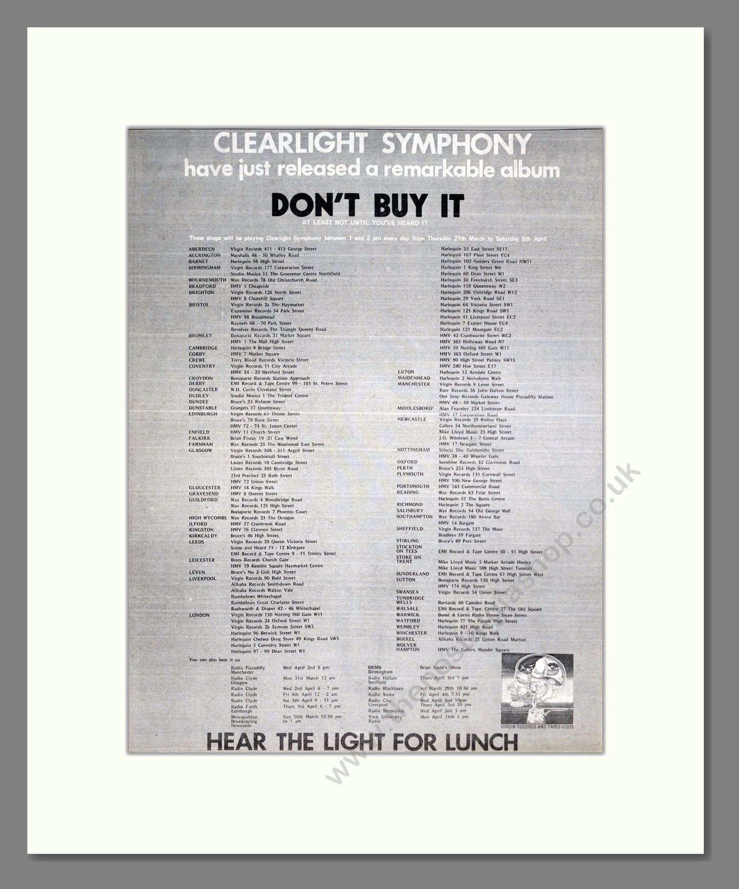 Clearlight Symphony - Hear The Light For Lunch. Vintage Advert 1975 (ref AD20404)