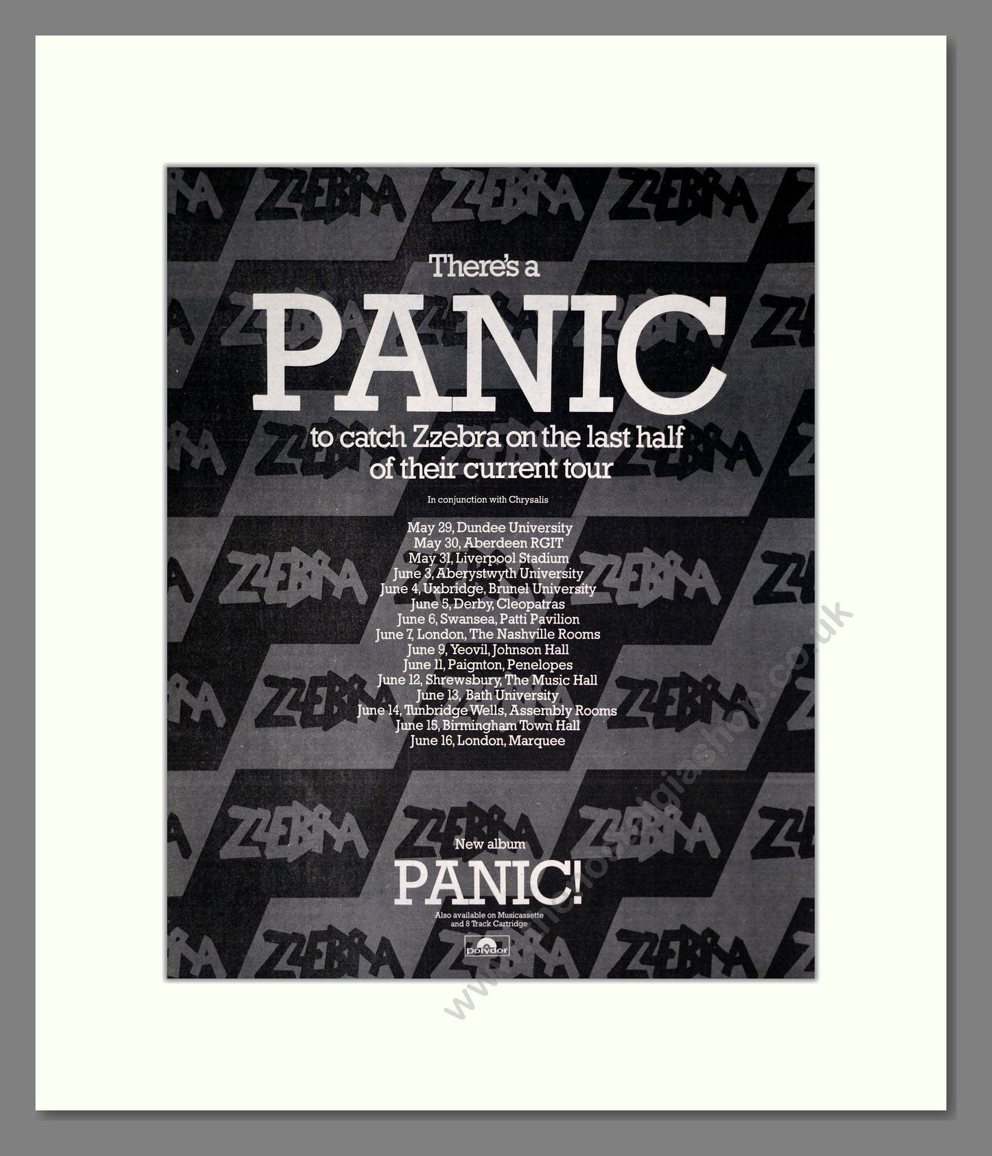 Zebra - Panic / UK Tour. Vintage Advert 1975 (ref AD20515)