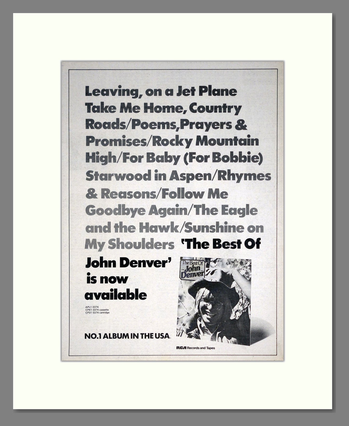 John Denver - Best Of. Vintage Advert 1974 (ref AD20544)