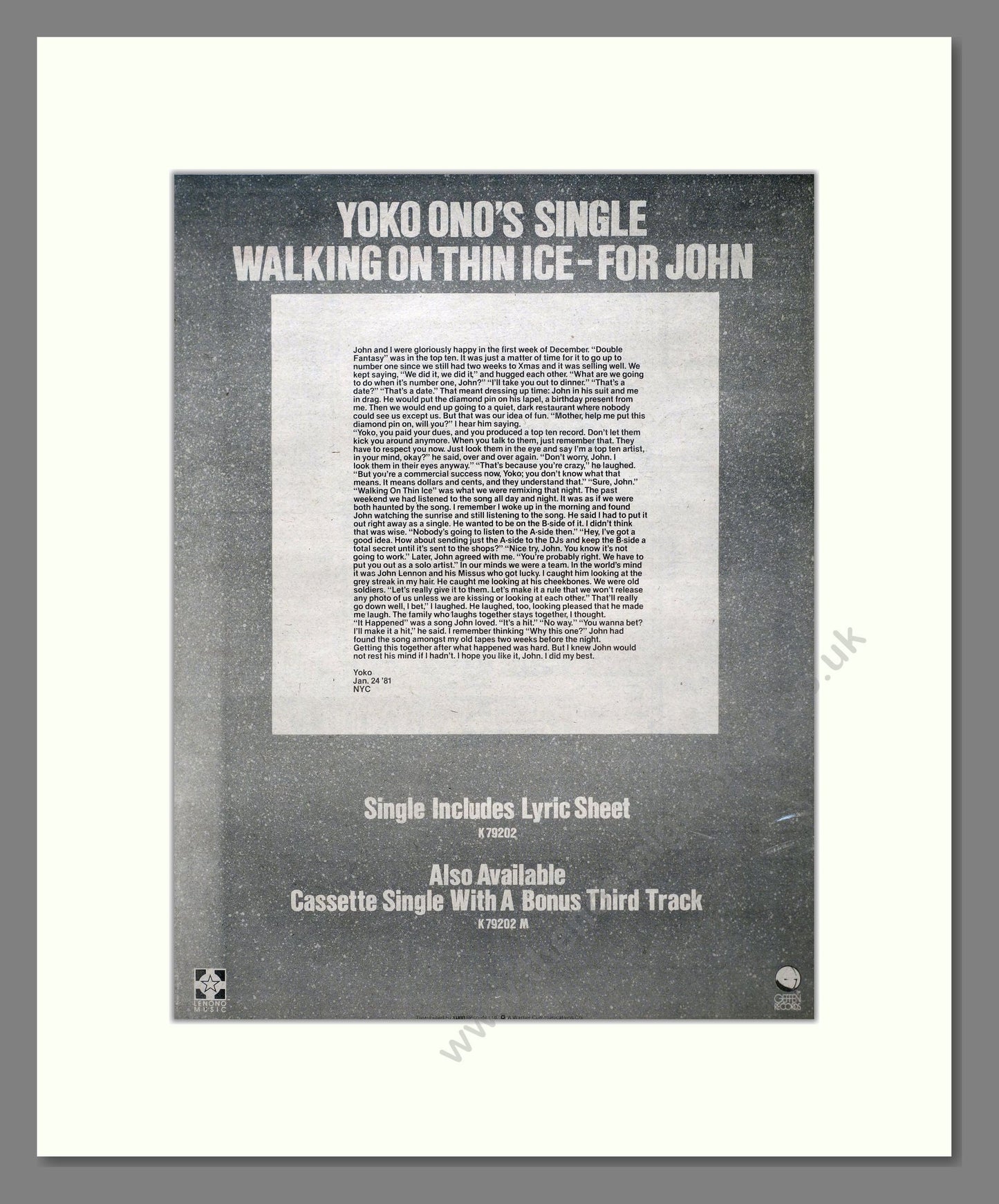 Yoko Ono - Walking On Thin Ice. Vintage Advert 1981 (ref AD20702)