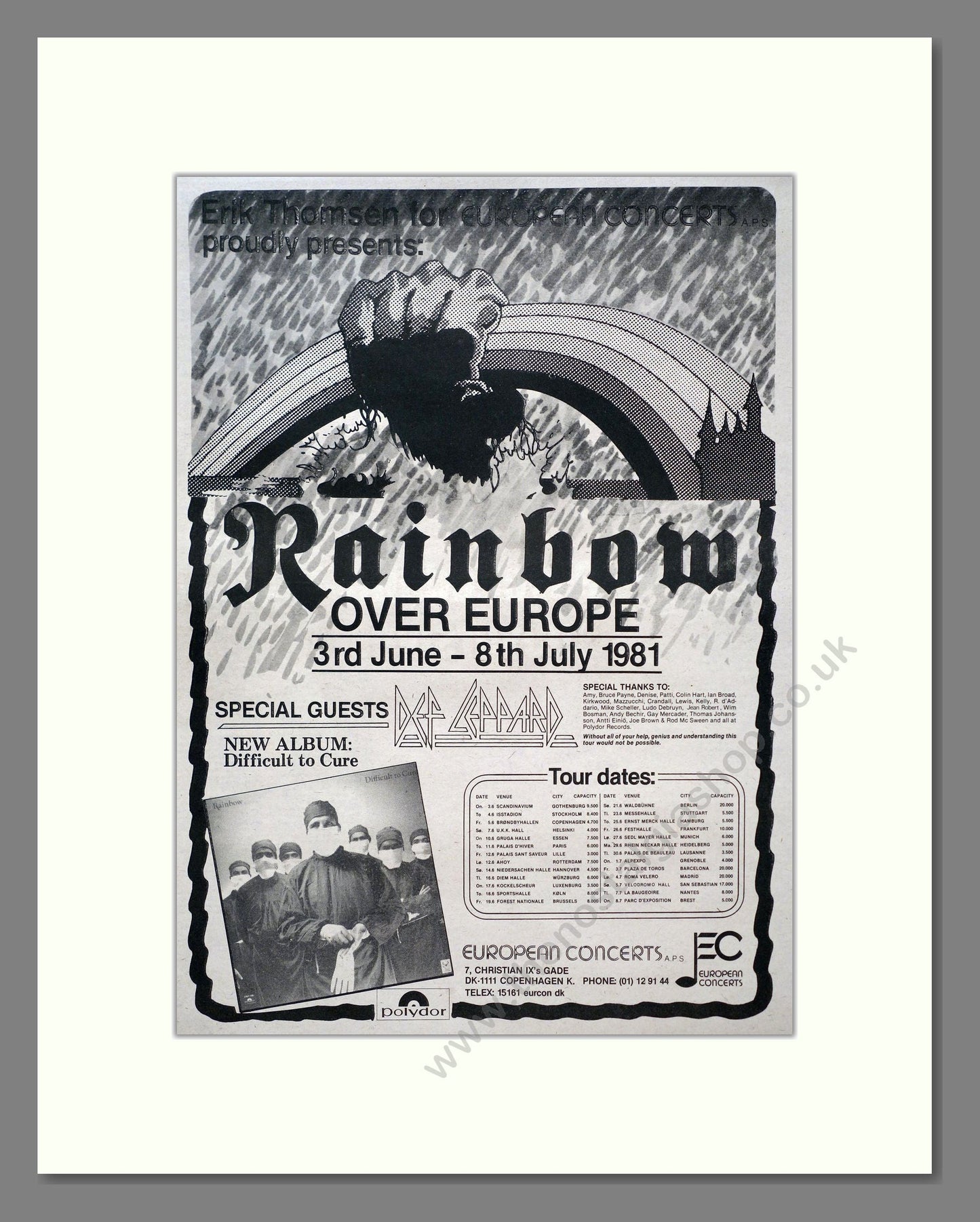 Rainbow - European Tour. Vintage Advert 1981 (ref AD20708)