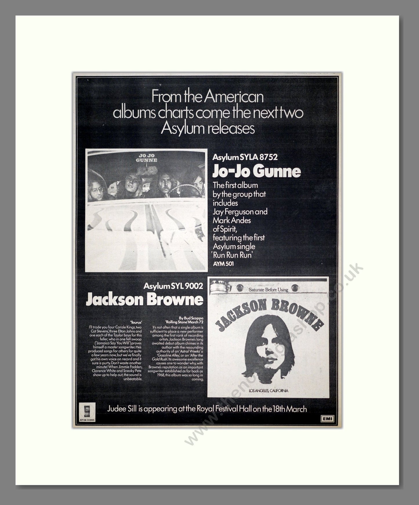 Jo-Jo Gunne / Jackson Browne - 2 Albums. Vintage Advert 1972 (ref AD20721)
