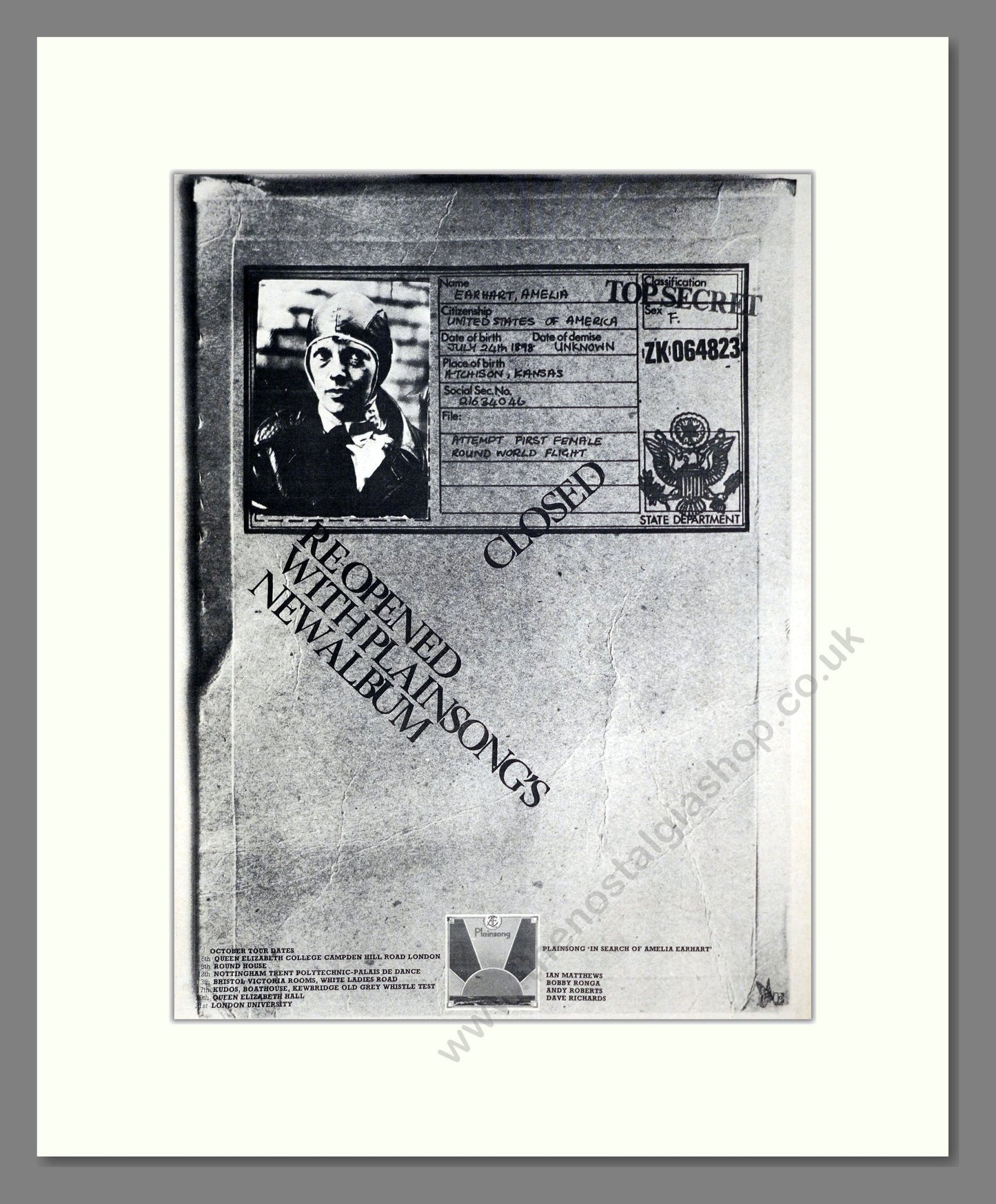 Plainsong - In Search of Amelia Earhart. Vintage Advert 1972 (ref AD20762)