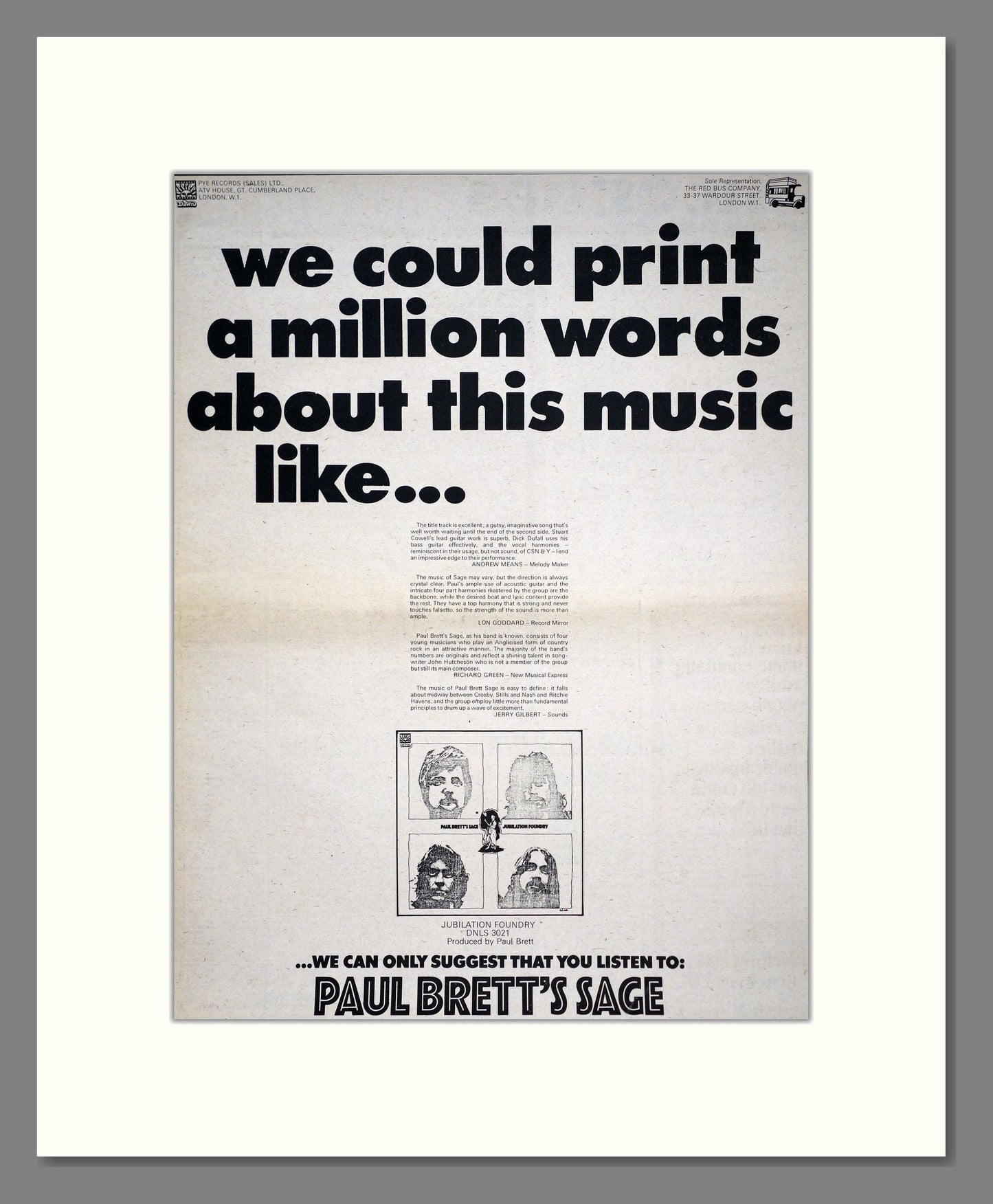 Paul Brett's Sage - Jubilation Foundry. Vintage Advert 1971 (ref AD20787)