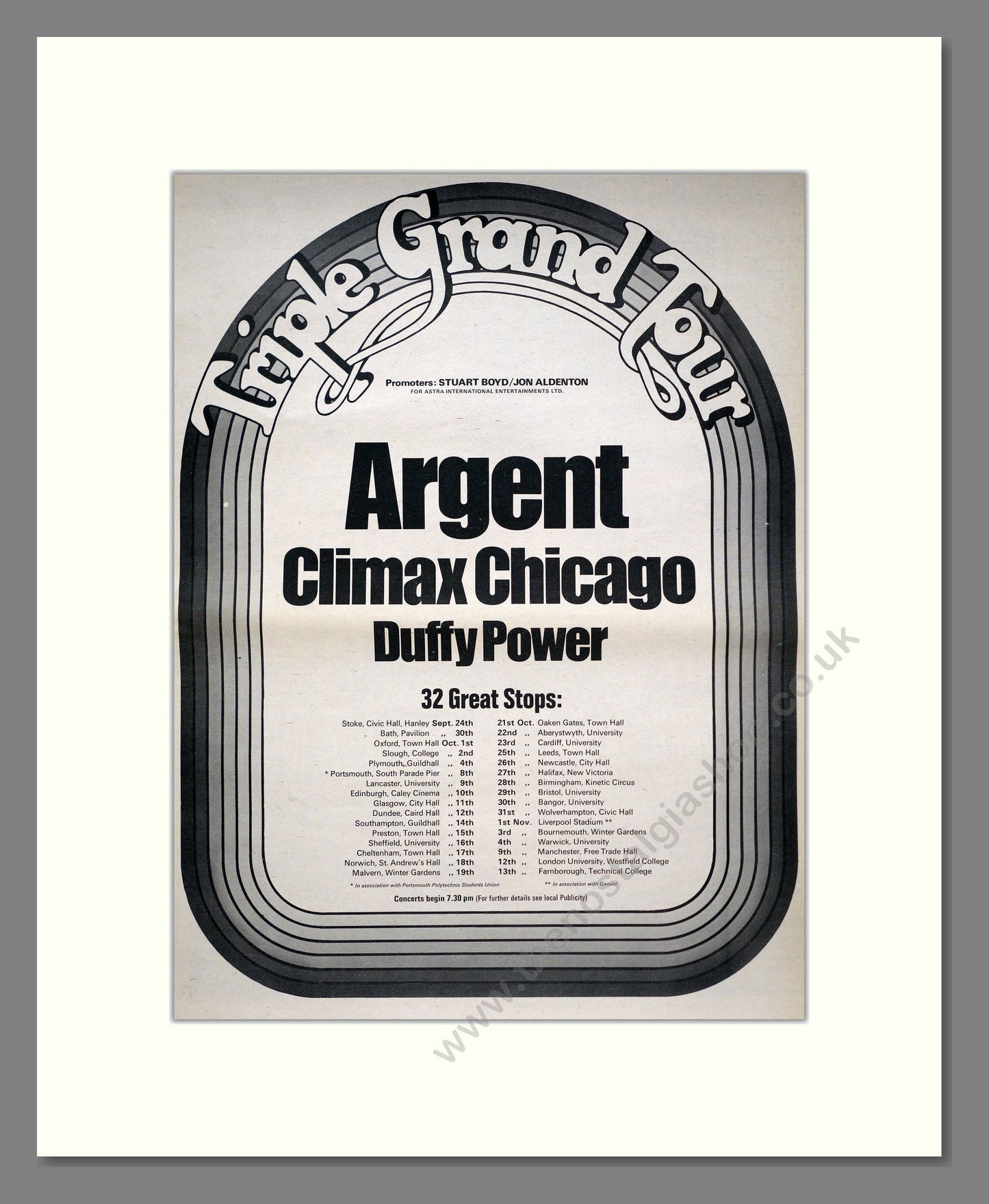 Argent / Climax Chicago / Duffy Power - UK Tour. Vintage Advert 1971 (ref AD20799)