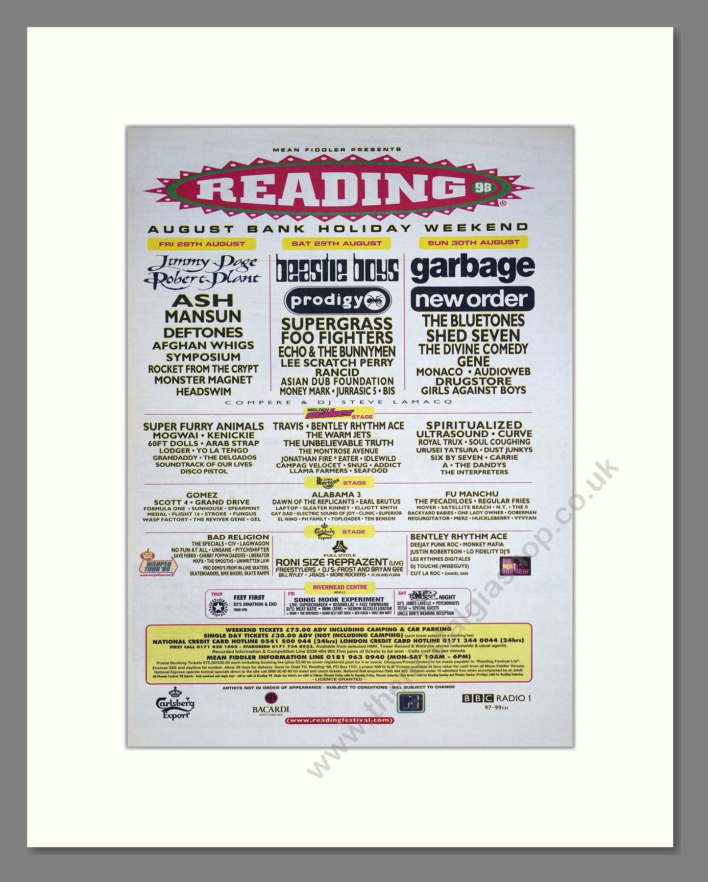 Reading Festival 98 - Line Up. Vintage Advert 1998 (ref AD20589)