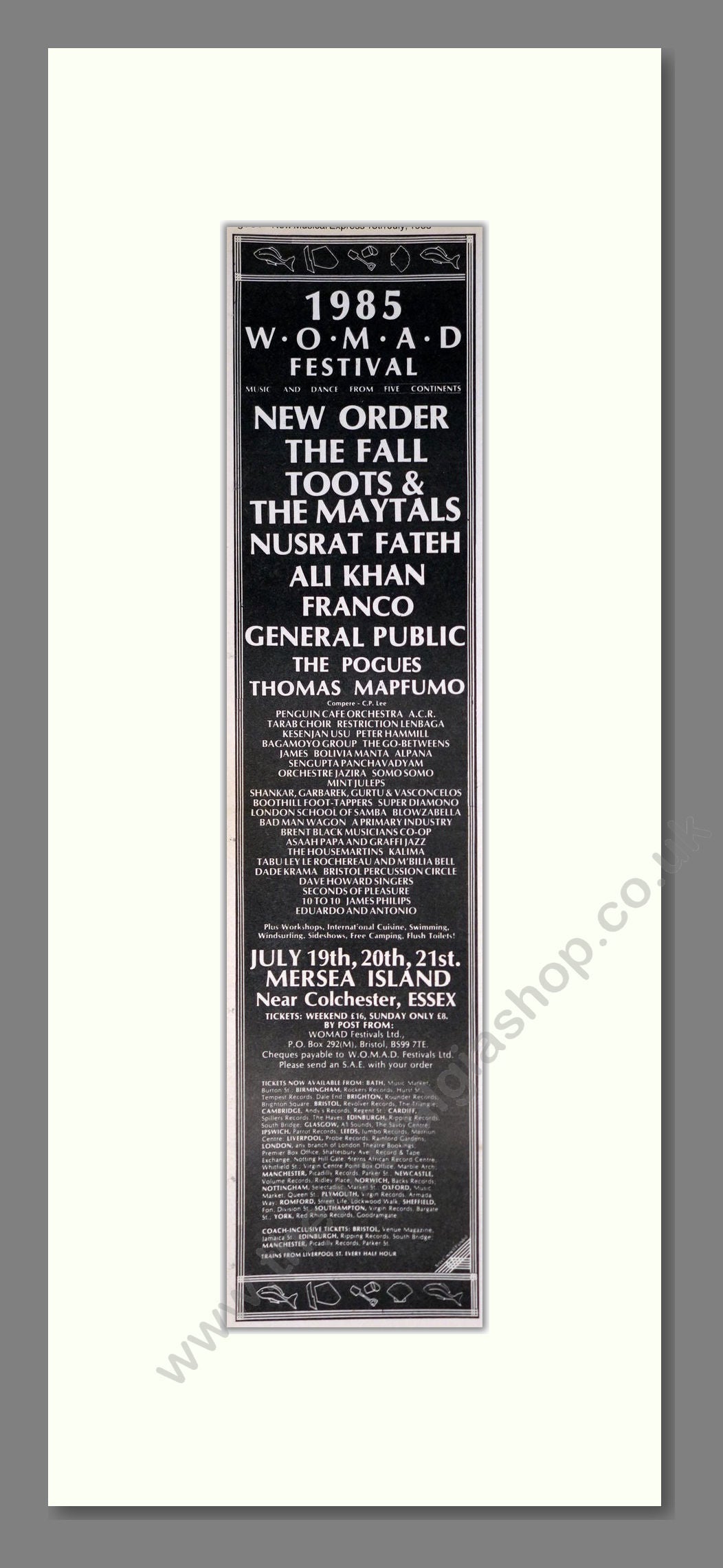 WOMAD Festival 1985 - Line Up. Vintage Advert 1985 (ref AD201388)