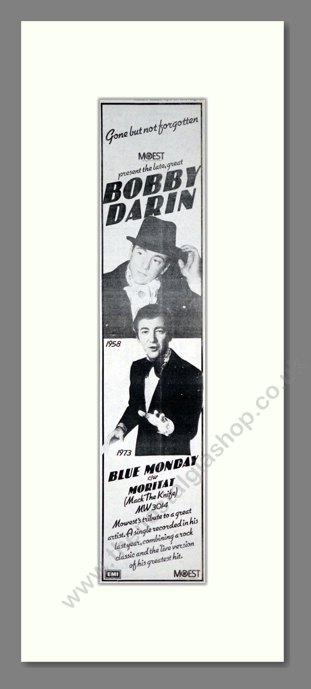 Bobby Darin - Blue Monday. Vintage Advert 1974 (ref AD201469)