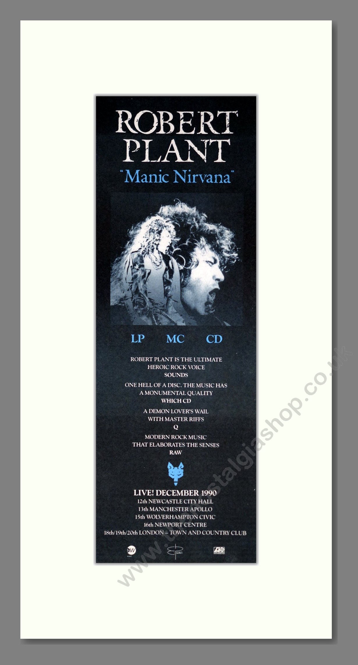 Robert Plant - Manic Nirvana. Vintage Advert 1990 (ref AD201490)