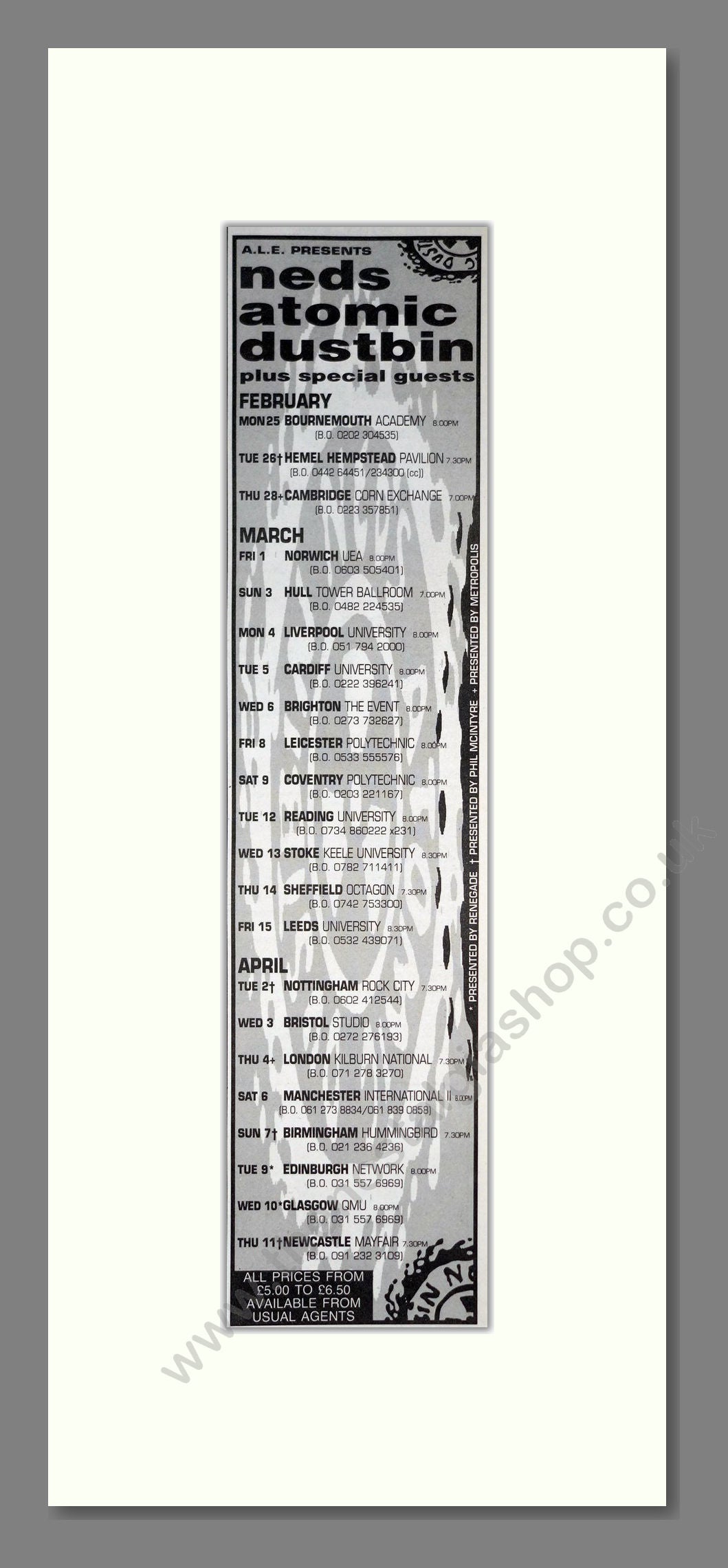 Neds Atomic Dustbin - UK Tour. Vintage Advert 1990 (ref AD201523)