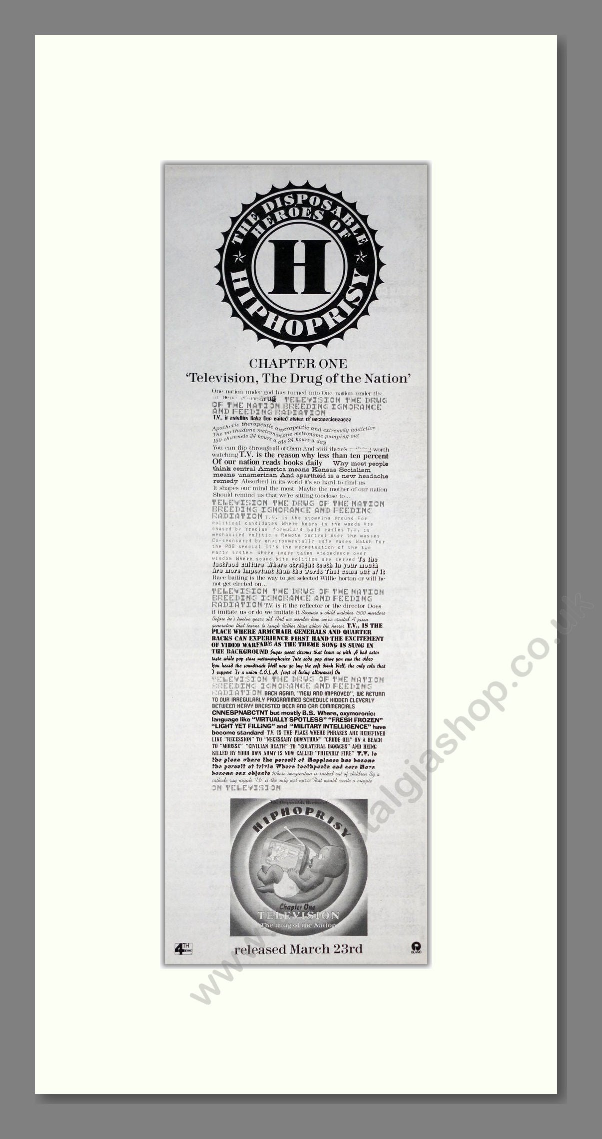 Disposable Heroes Of Hiphoprisy (The) - Chapter One: Television. Vintage Advert 1992 (ref AD201526)