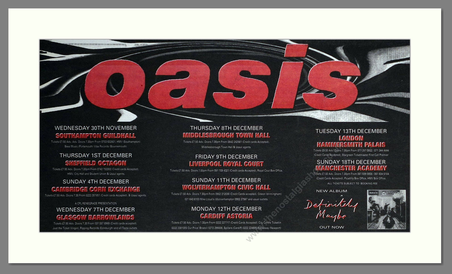 Oasis - UK Tour. Vintage Advert 1994 (ref AD63675)