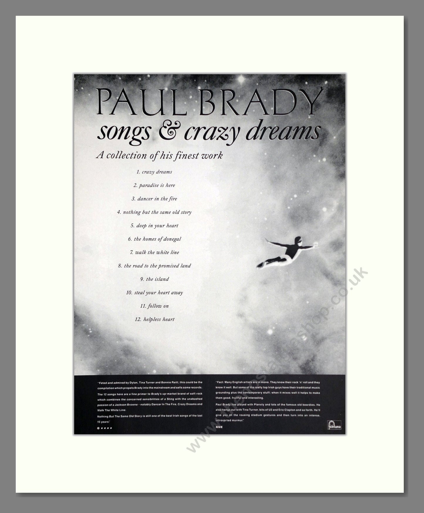 Paul Brady - Songs And Crazy Dreams. Vintage Advert 1992 (ref AD63829)