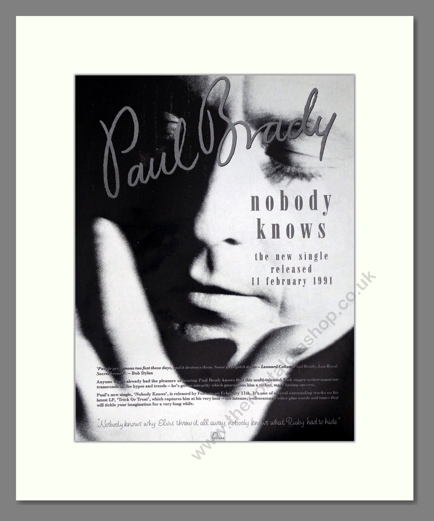 Paul Brady - Nobody Knows. Vintage Advert 1991 (ref AD63831)
