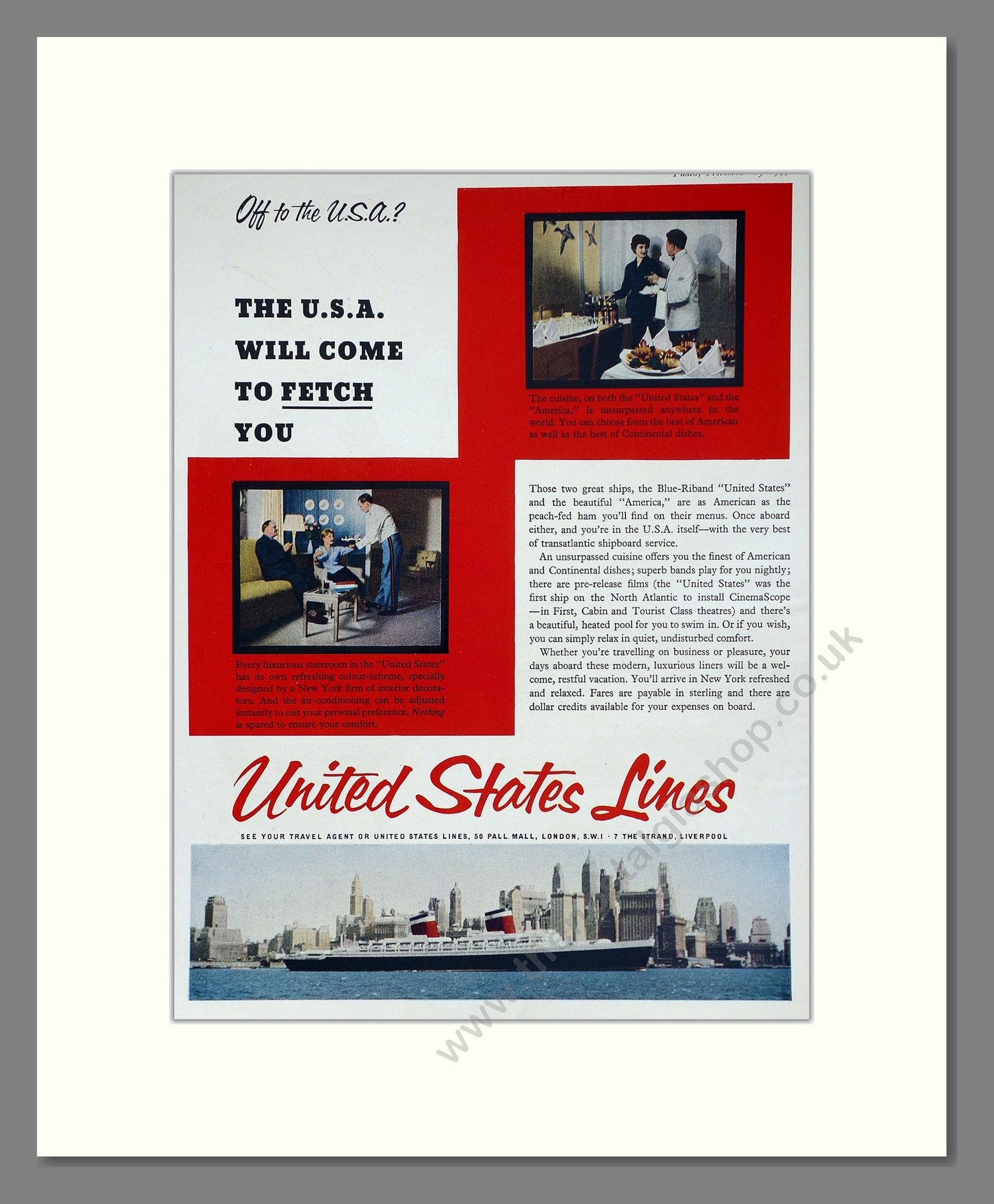 United States Lines - SS United States / America The USA Will Come To Fetch You. Vintage Advert 1955 (ref AD63845)