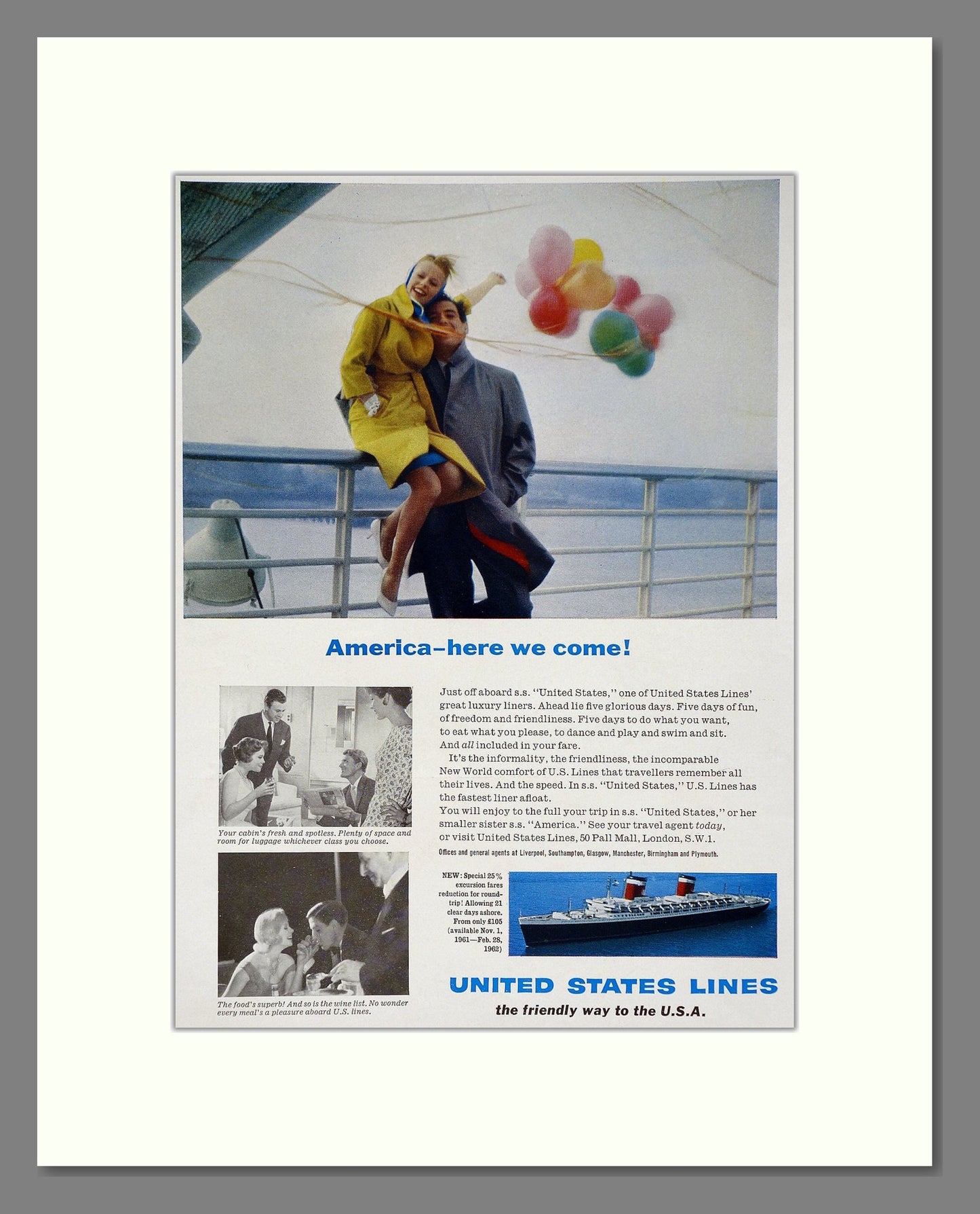 United States Lines - SS United States / America Here We Come. Vintage Advert 1961 (ref AD63846)