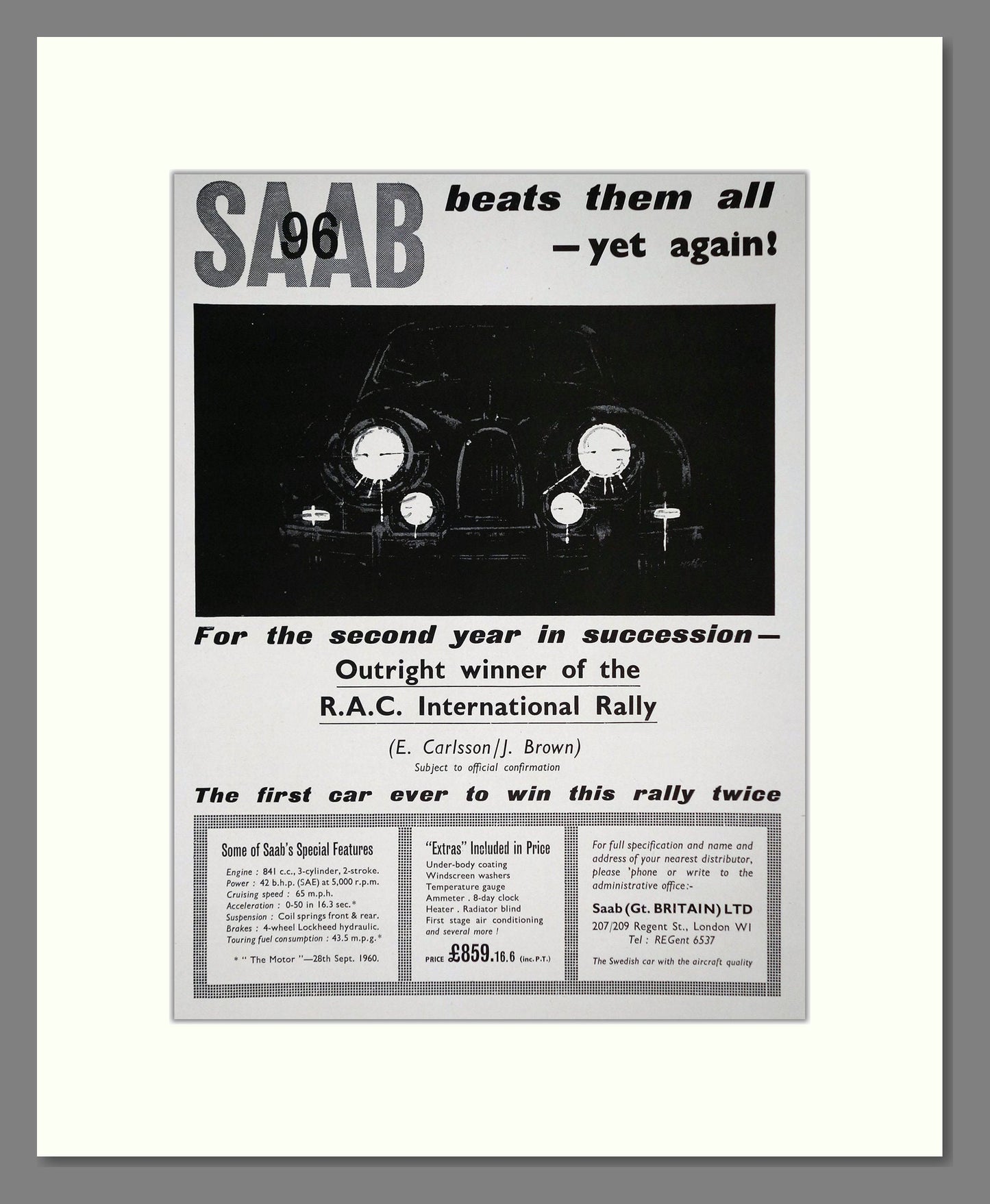 Saab - 96 RAC Rally Winner. Vintage Advert 1961 (ref AD64198)