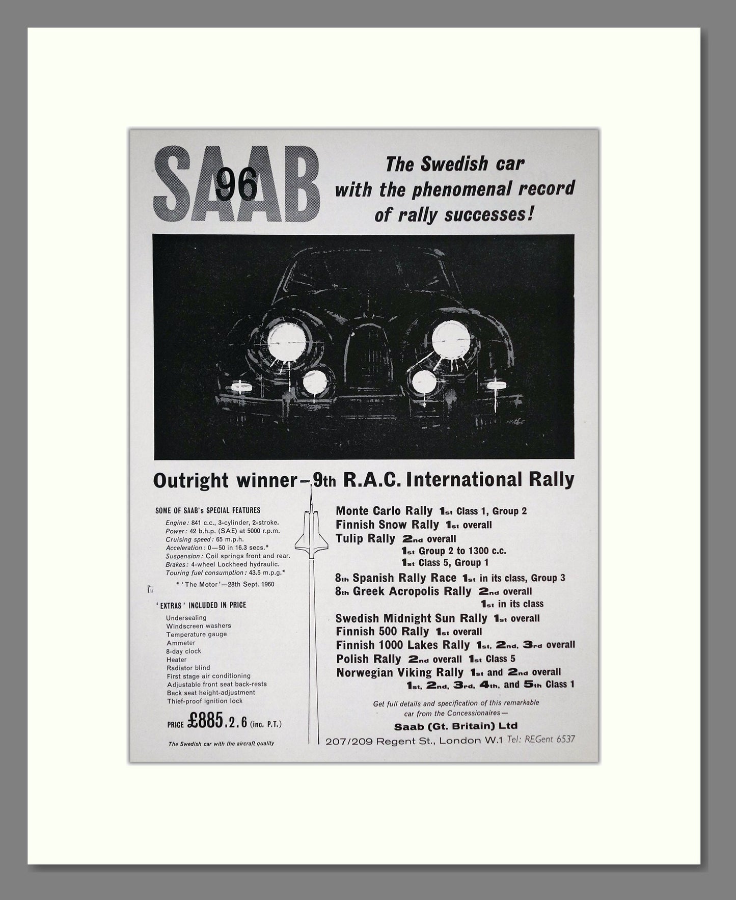 Saab - 96 RAC Rally Winner. Vintage Advert 1961 (ref AD64199)