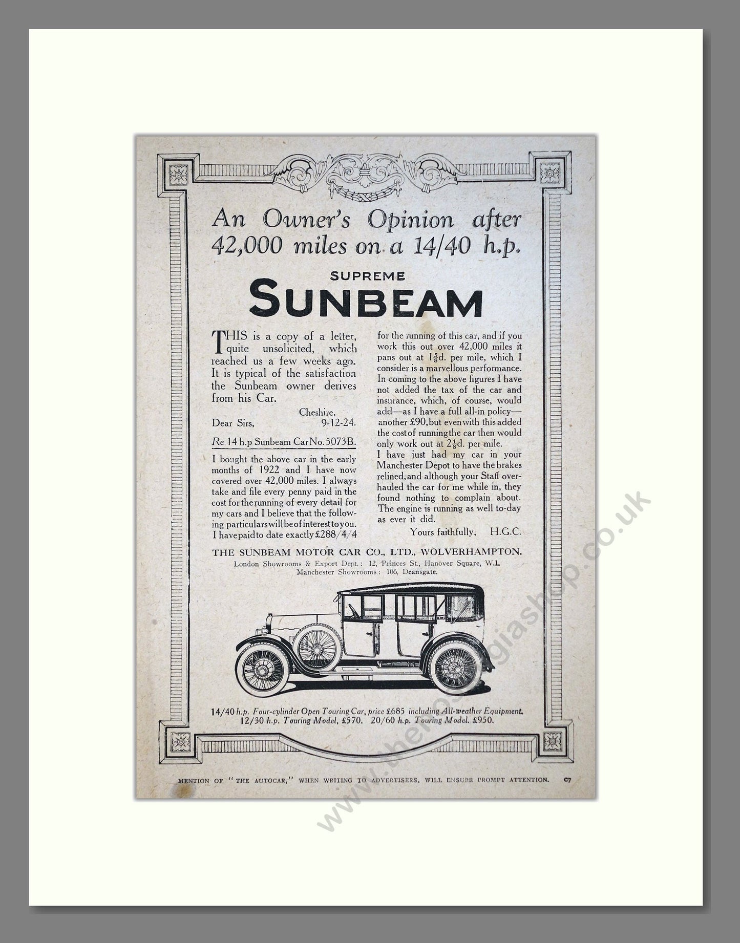 Sunbeam - Open Touring Car. Vintage Advert 1925 (ref AD64221)