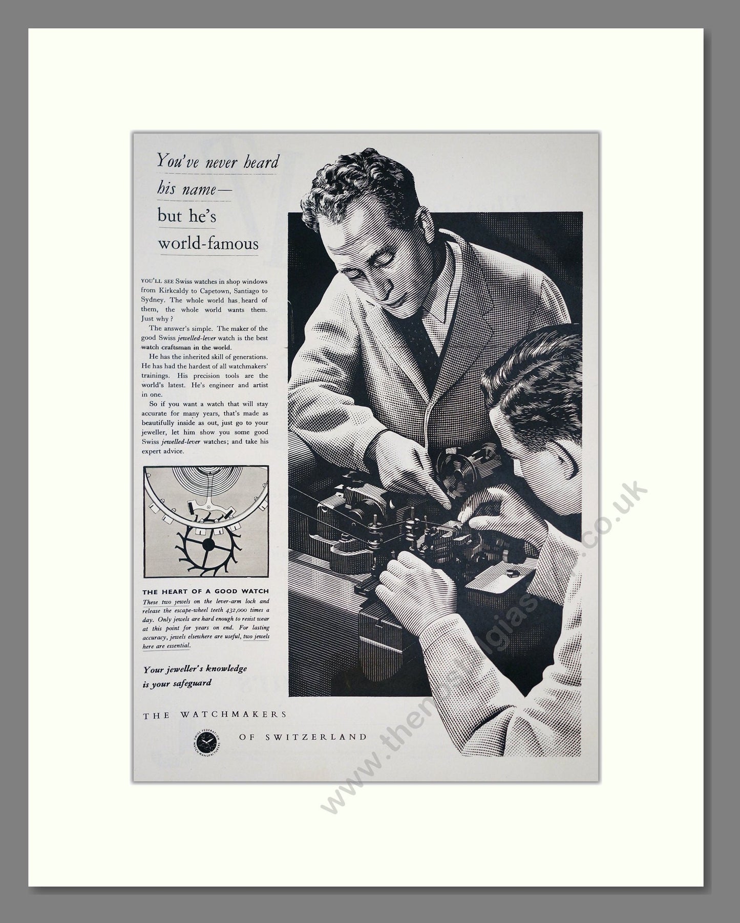 Watchmakers Of Switzerland - Jewelled Lever. Vintage Advert 1955 (ref AD303582)