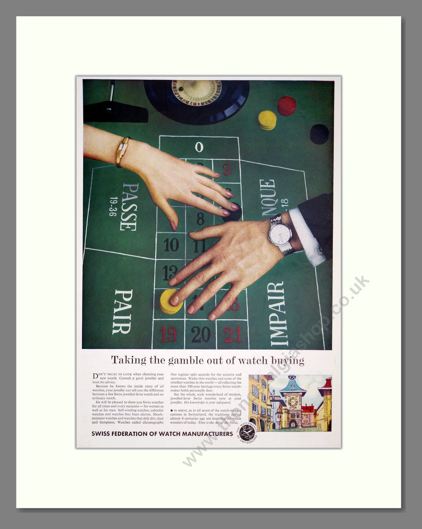 Swiss Federation Of Watch Manufacturers - Take The Gamble Out Of Watch Buying. Vintage Advert 1957 (ref AD303588)