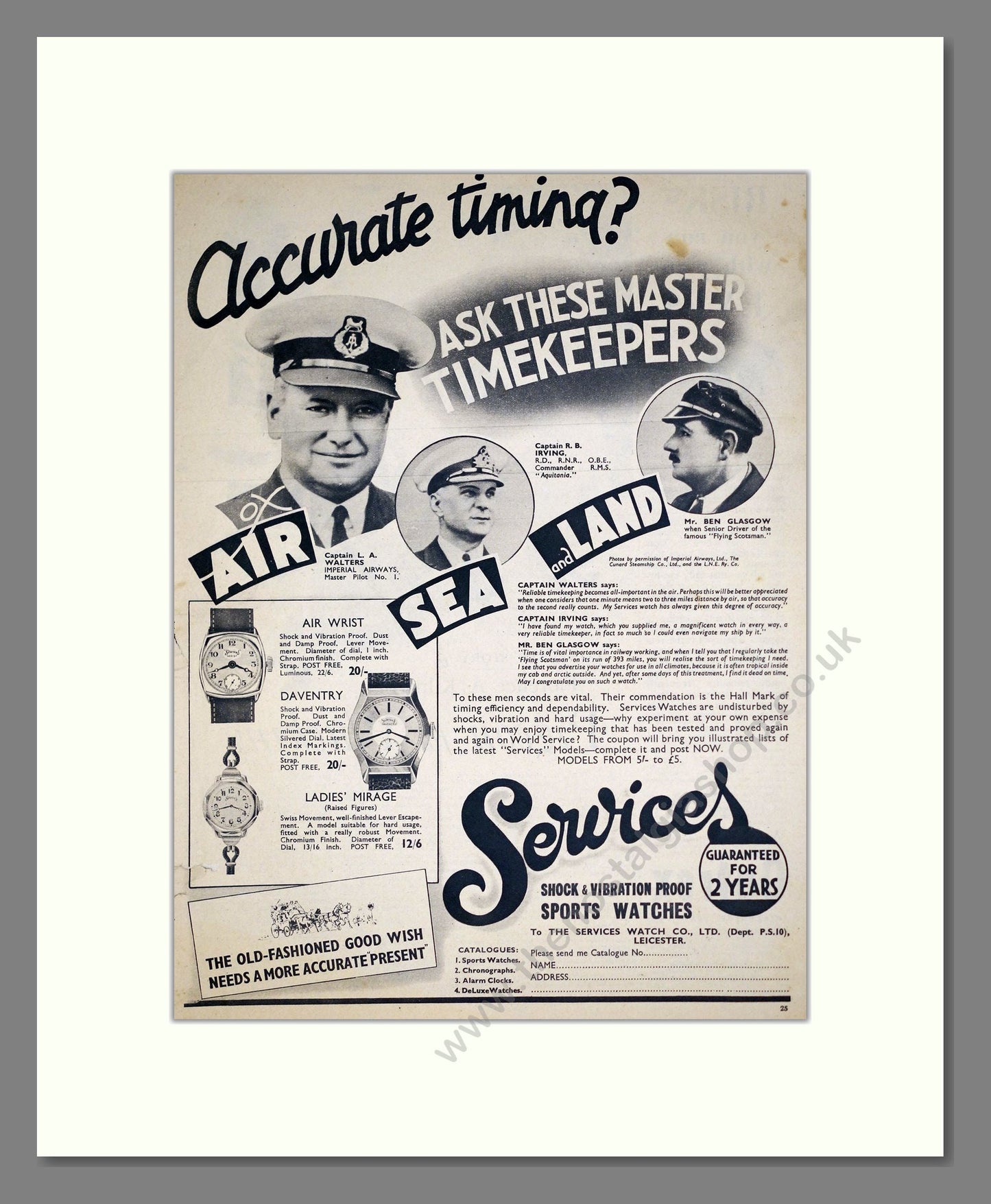 Services - Sports Watches. Vintage Advert 1936 (ref AD303598)