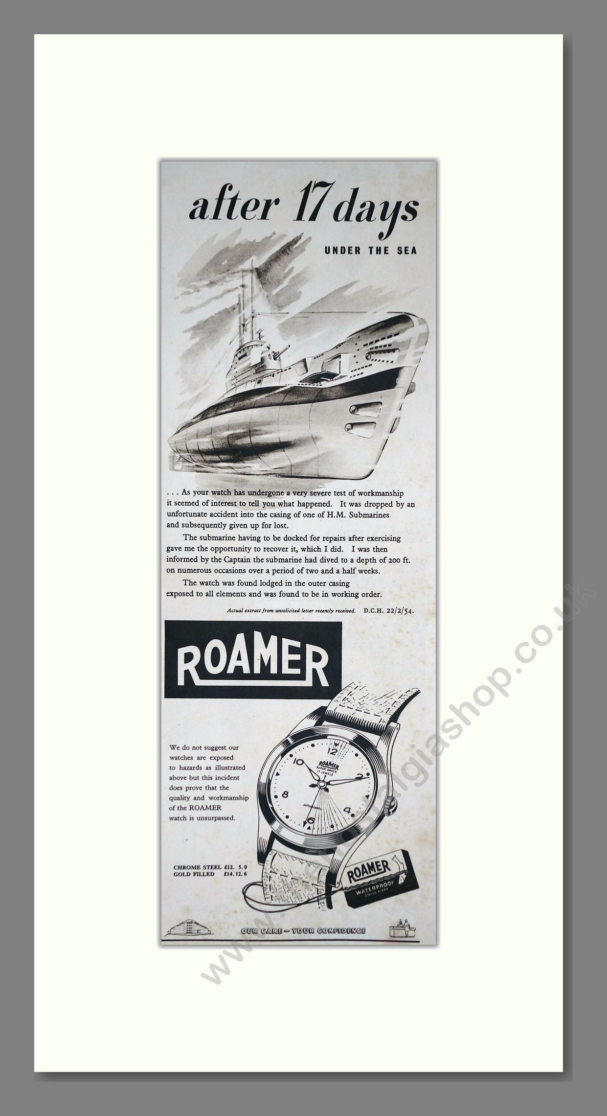 Roamer - Waterproof Watch. Vintage Advert 1954 (ref AD201548)
