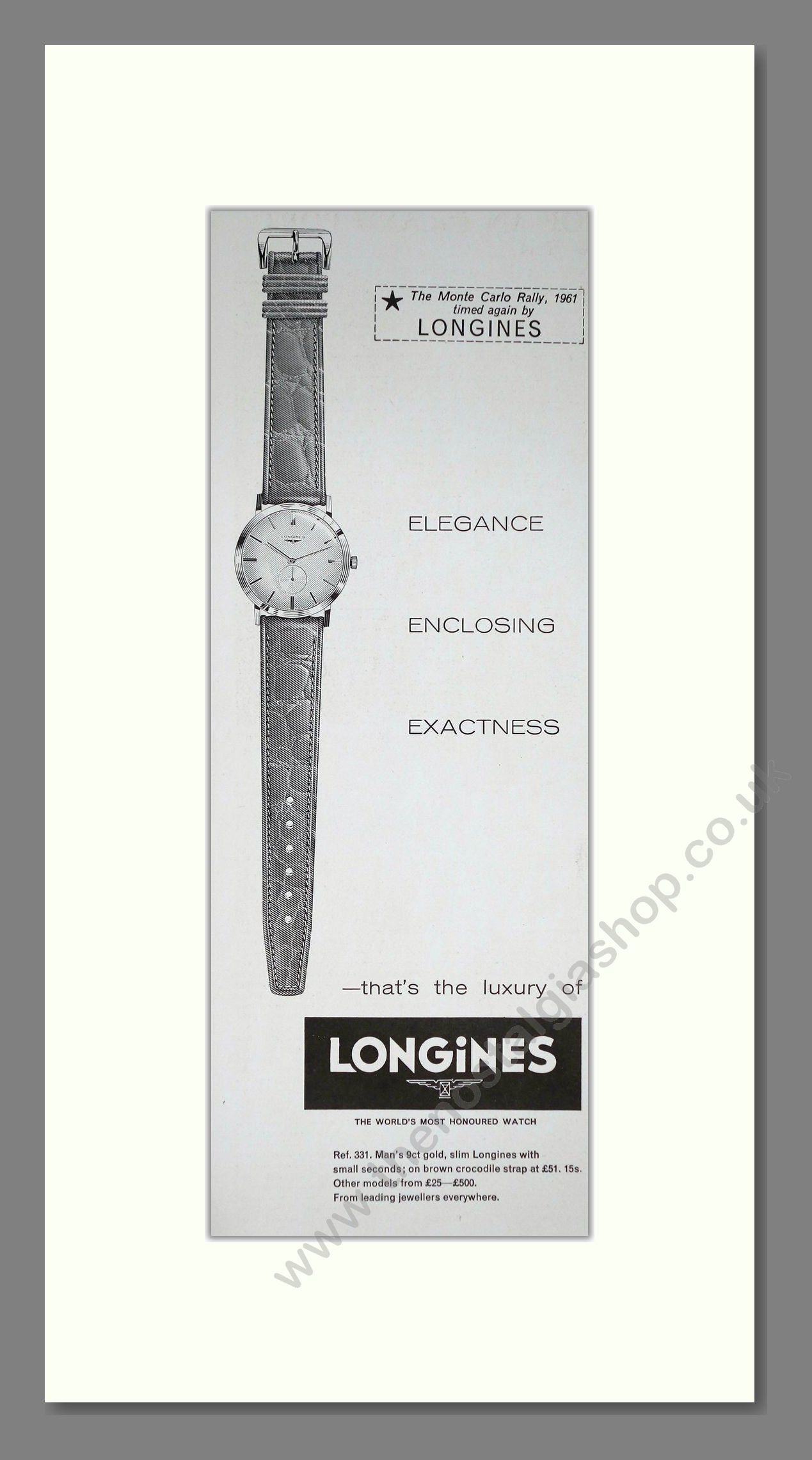 Longines - Elegance Enclosing Exactness. Vintage Advert 1961 (ref AD201558)