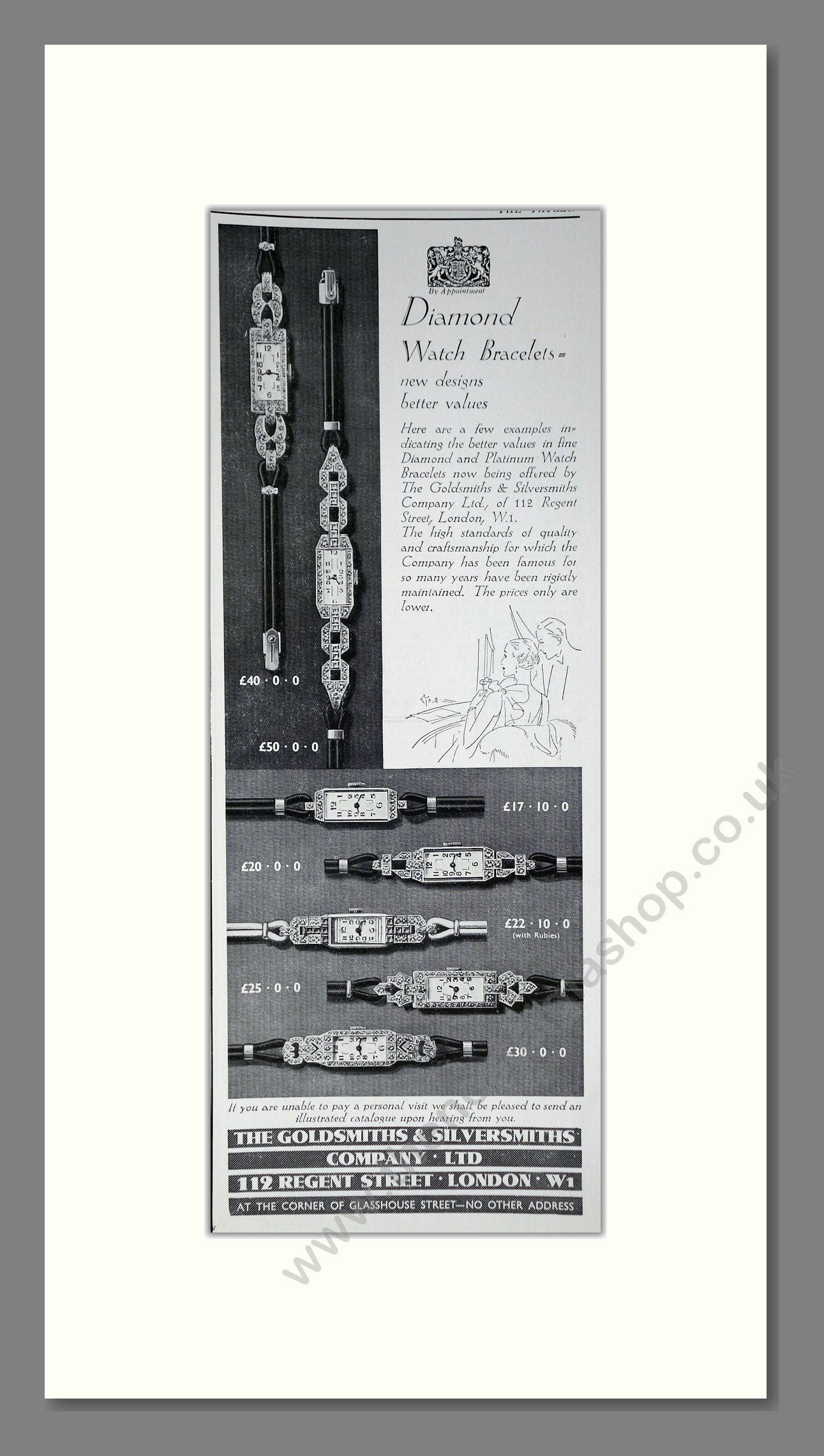 Goldsmiths And Silversmiths Company - Diamond Watches. Vintage Advert 1935 (ref AD201588)