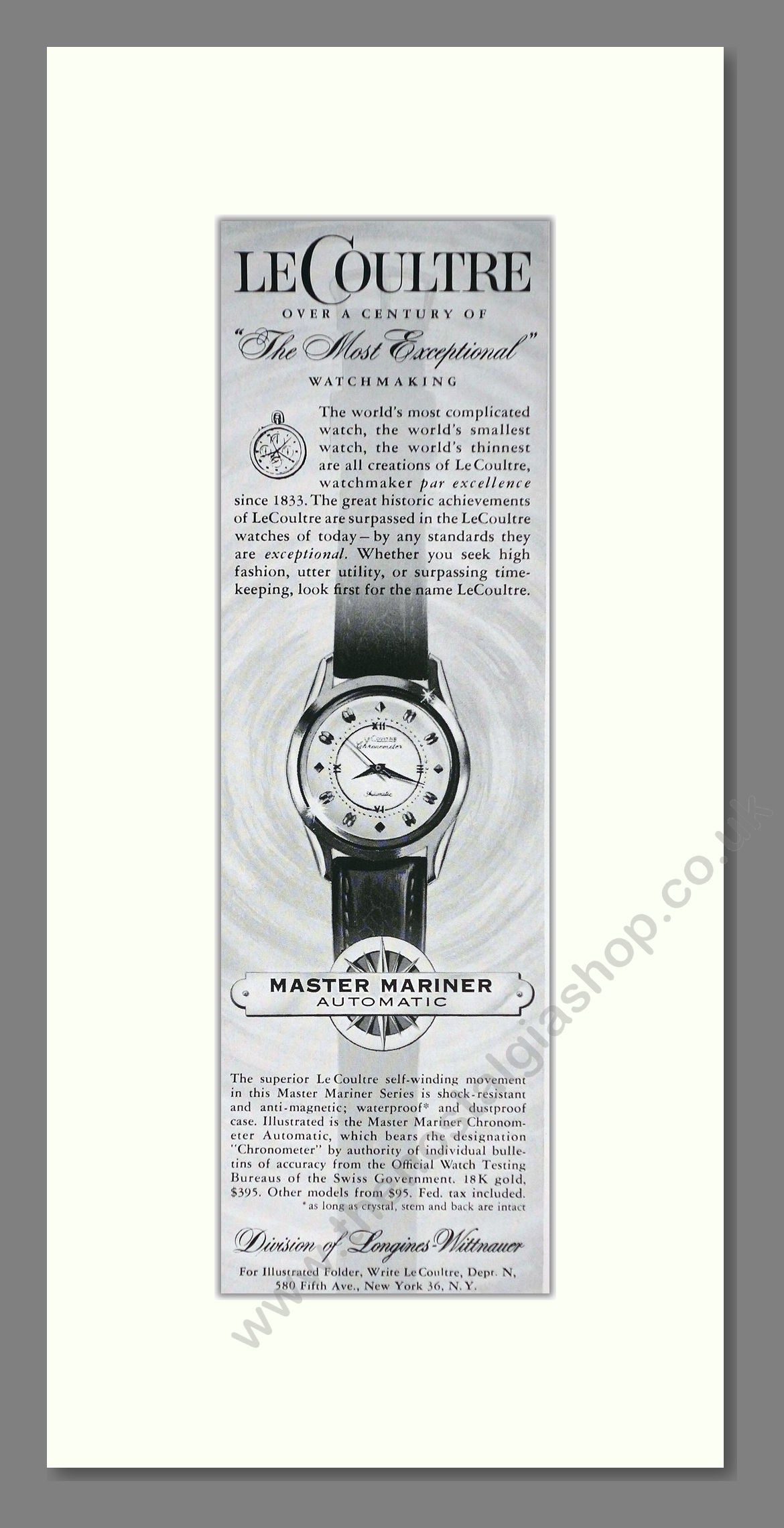 Le Coultre Master Mariner Watch. Original Advert 1957 (ref AD400244)