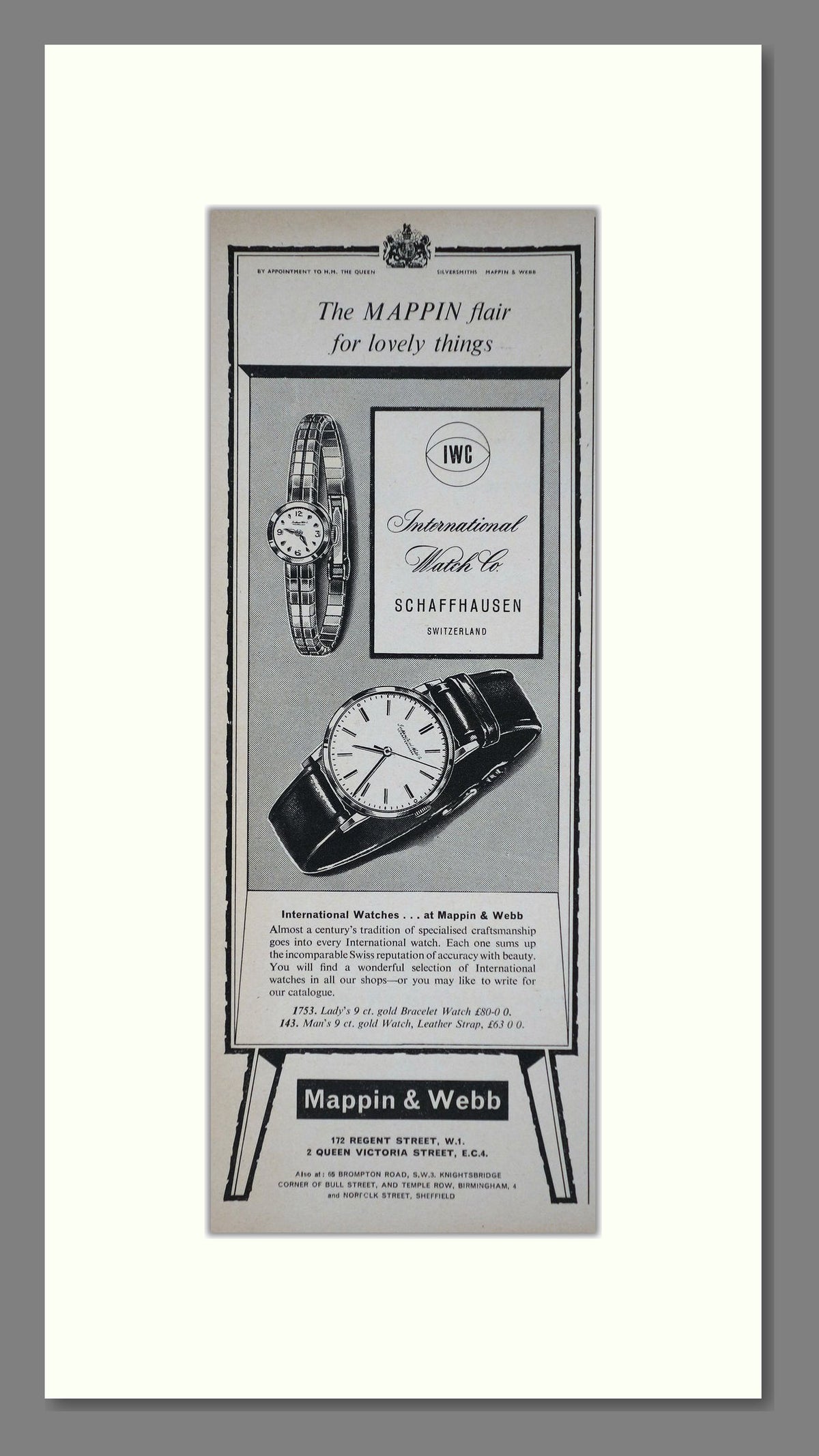 IWC Watches. Original Advert 1961 (ref AD400246)