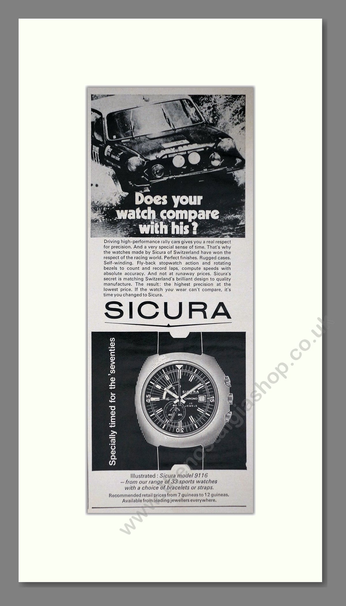 Sicura 9116 Watch. Original Advert 1970 (ref AD400252)