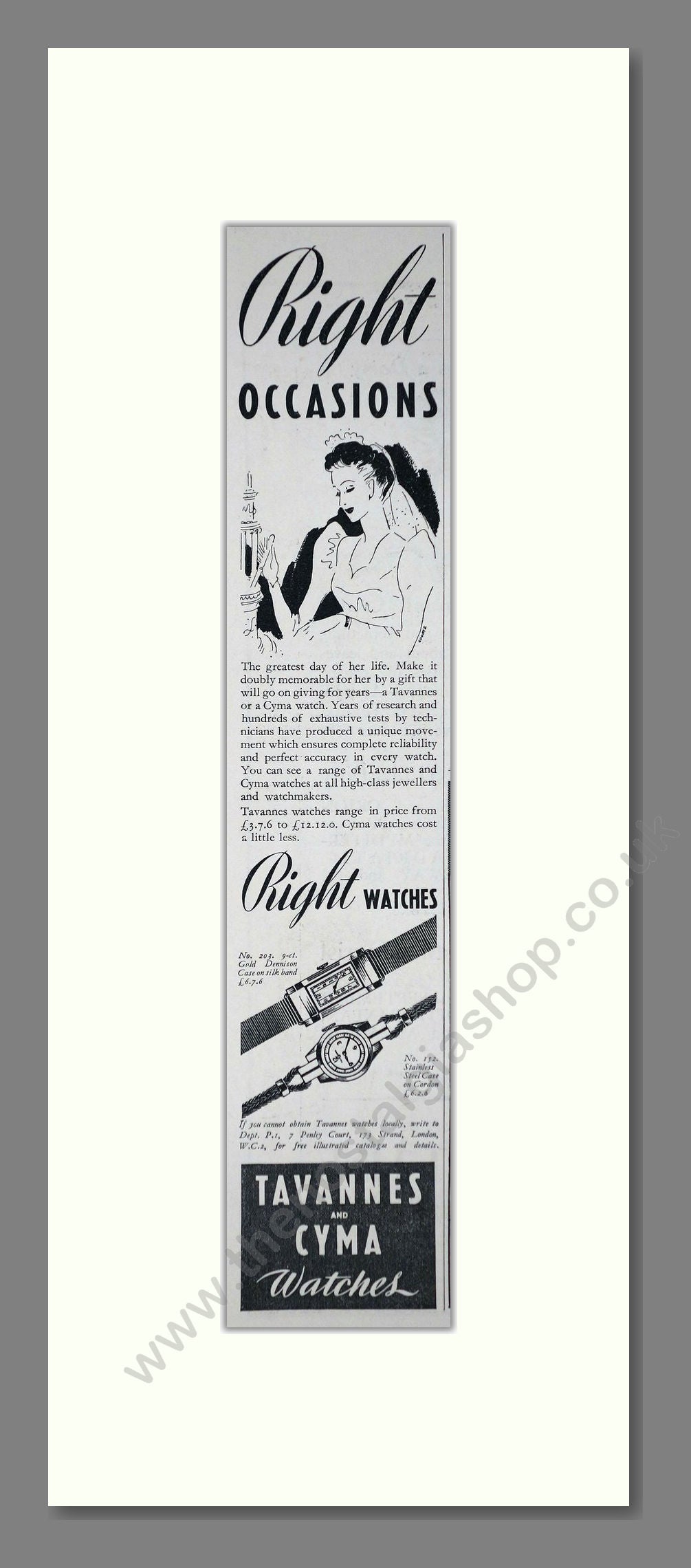 Tavannes and CYMA Ladies Watches. Original Advert 1939 (ref AD400255)