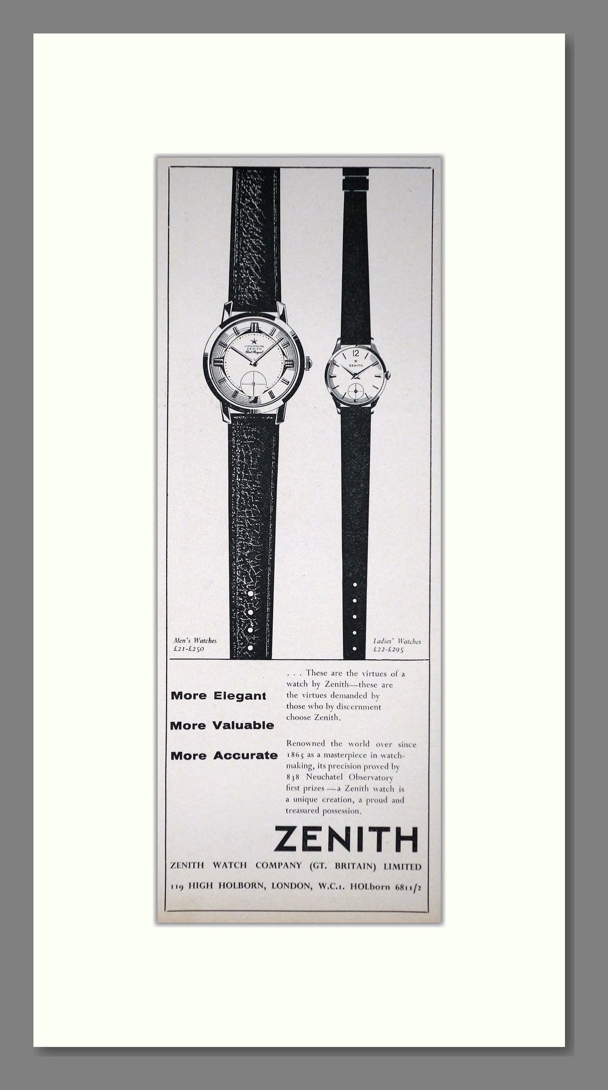 Zenith Watches. Original Advert 1961 (ref AD400260)