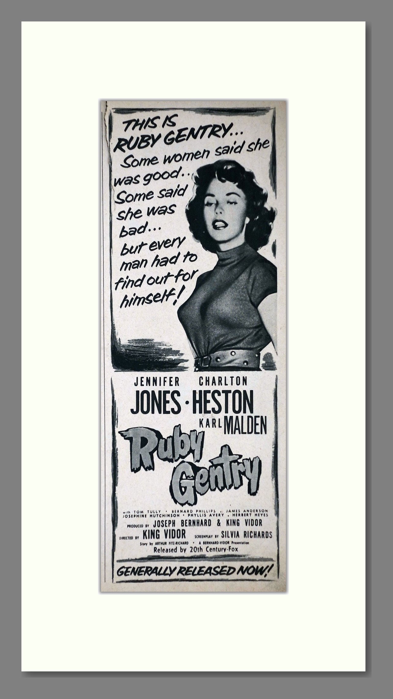 Ruby Gentry. Charlton Heston. Original Advert 1953 (ref AD400201)