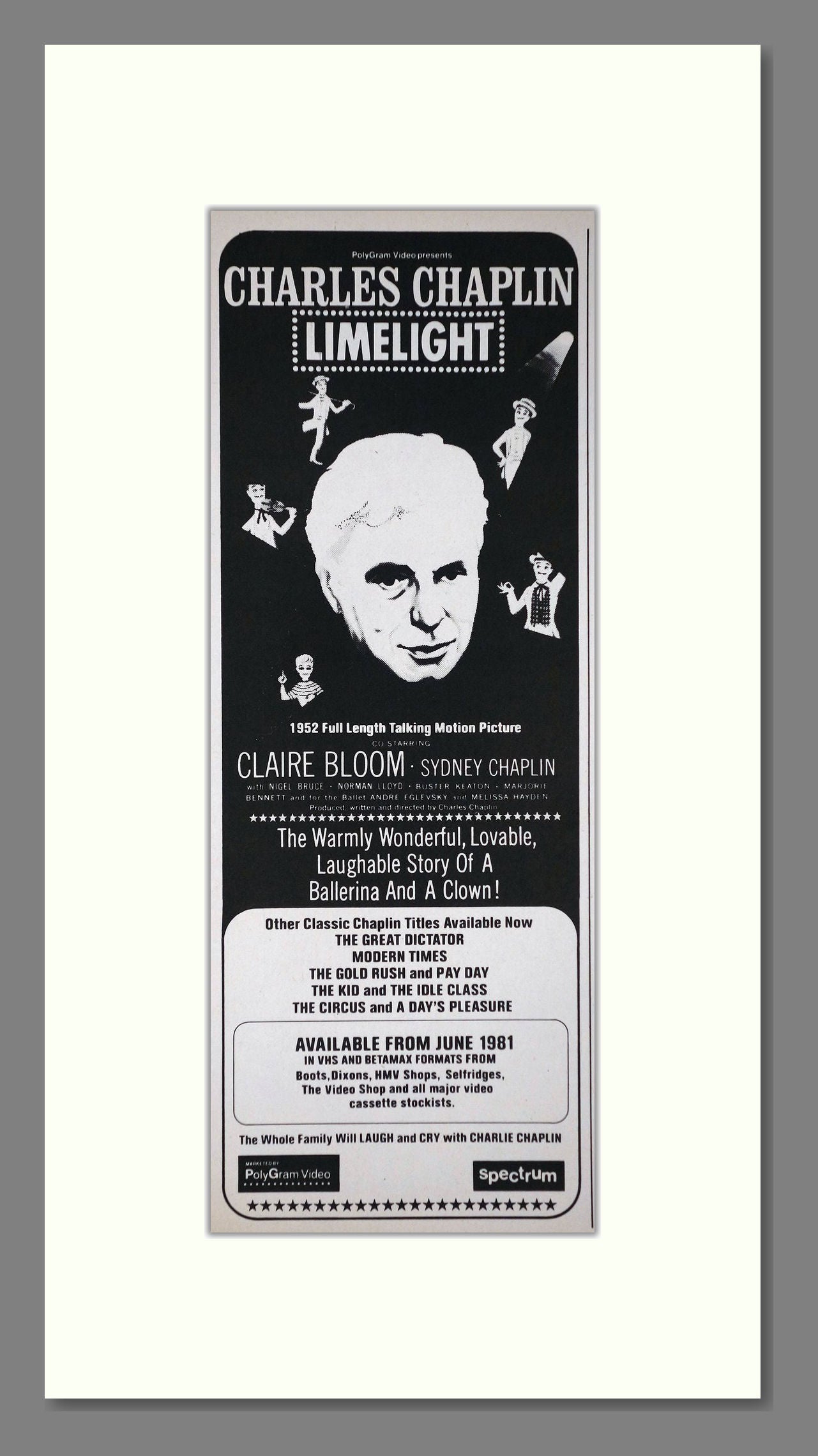 Limelight, Charles Chaplin. Original Advert 1981 (ref AD400211)