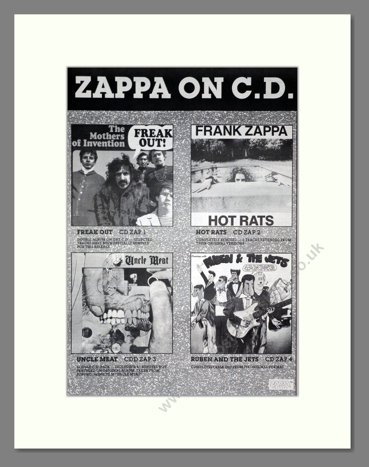 Frank Zappa - Various Albums. Vintage Advert 1987 (ref AD20808)