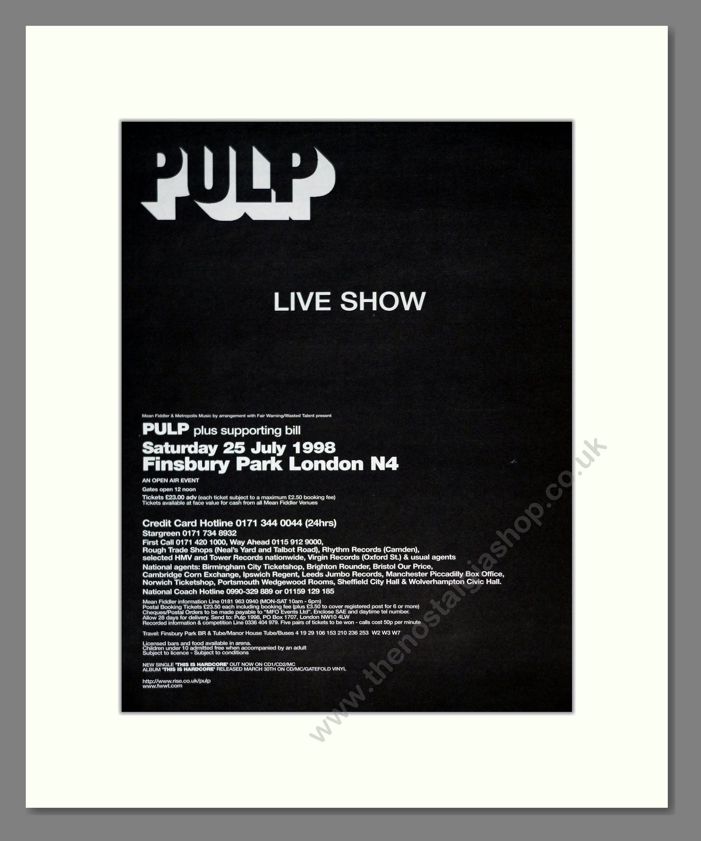 Pulp - Live Finsbury Park. Vintage Advert 1998 (ref AD16603)