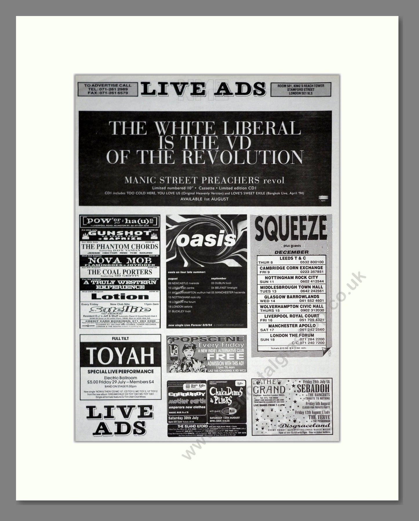 Oasis (Early Tour) And Various Artists - Gig List. Vintage Advert 1994 (ref AD20849)