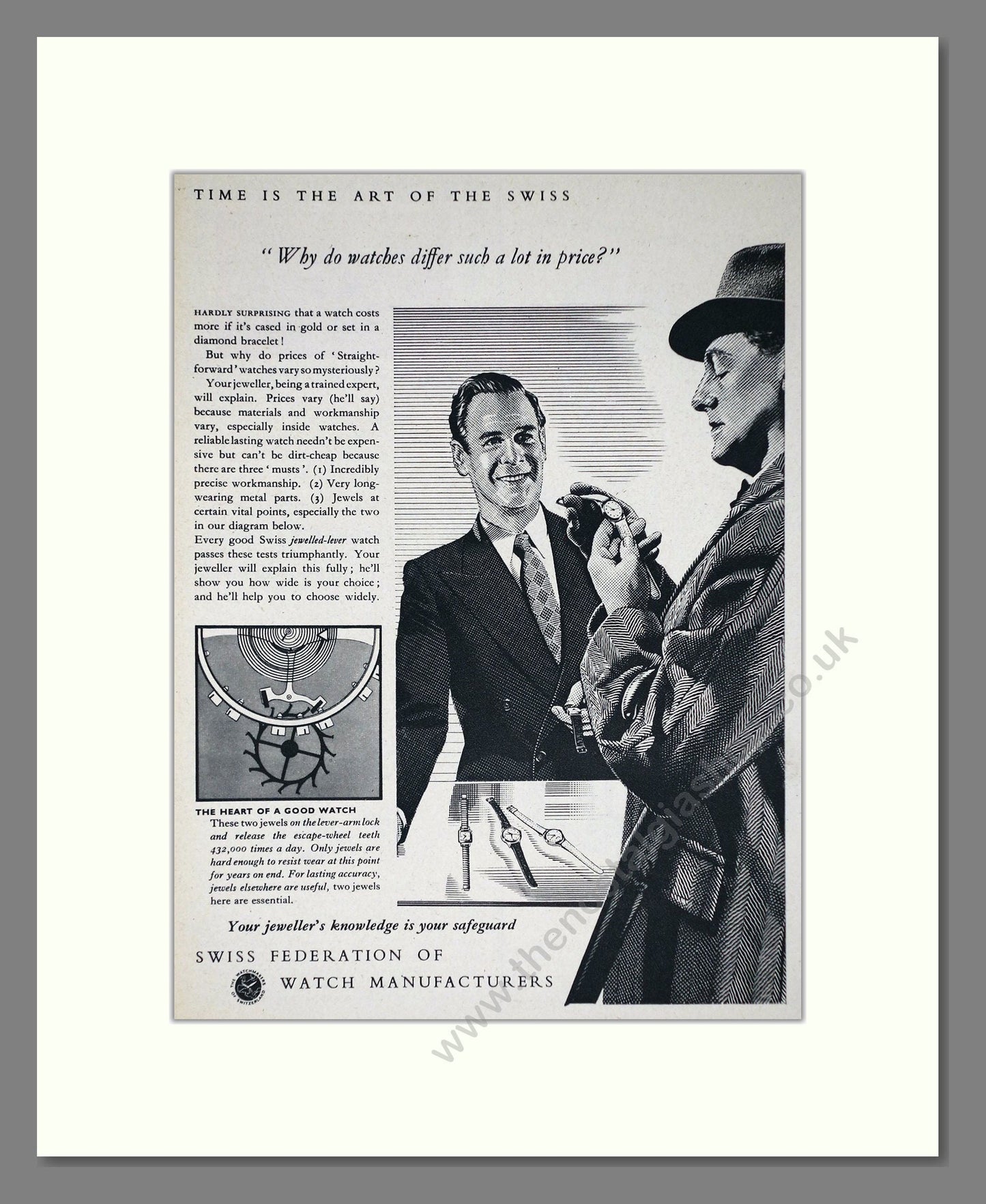 Swiss Federation Of Watch Manufacturers - The Heart Of A Good Watch. Vintage Advert 1955 (ref AD64252)