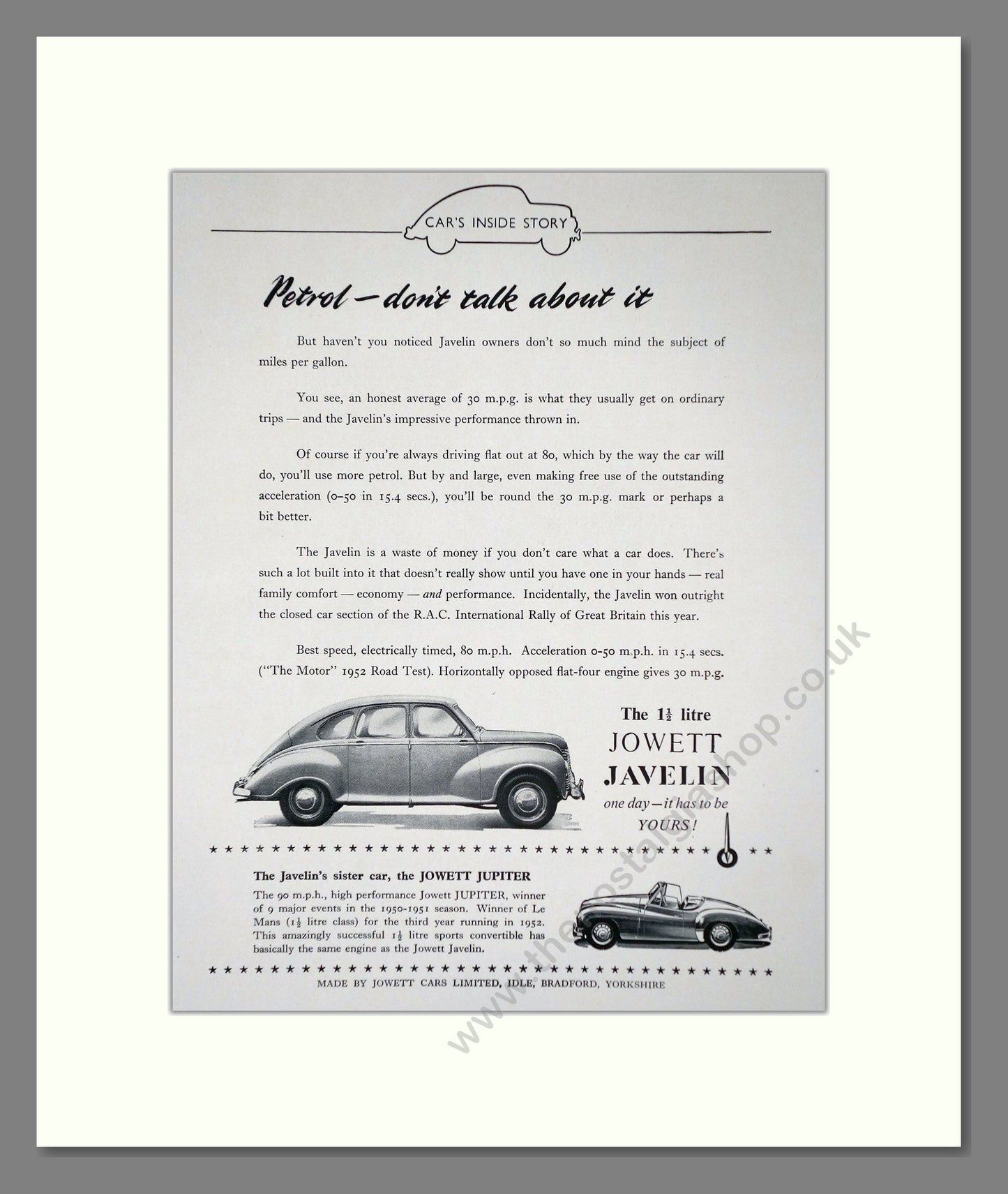 Jowett - Javelin. Vintage Advert 1952 (ref AD64480)