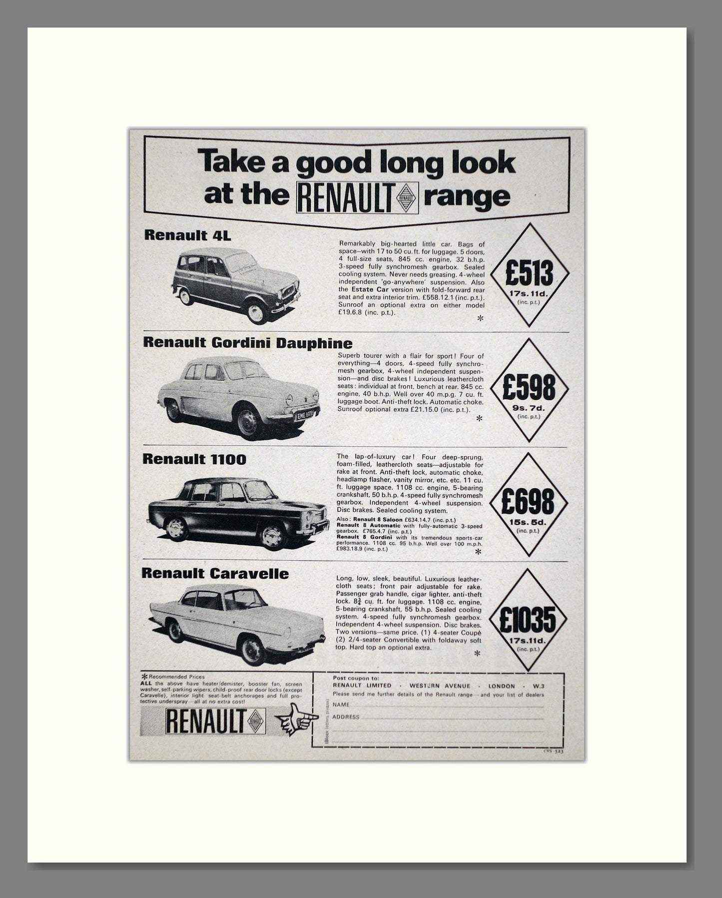 Renault - 4l / Gordini Dauphine / 1100 / Caravelle. Vintage Advert 1965 (ref AD64638)